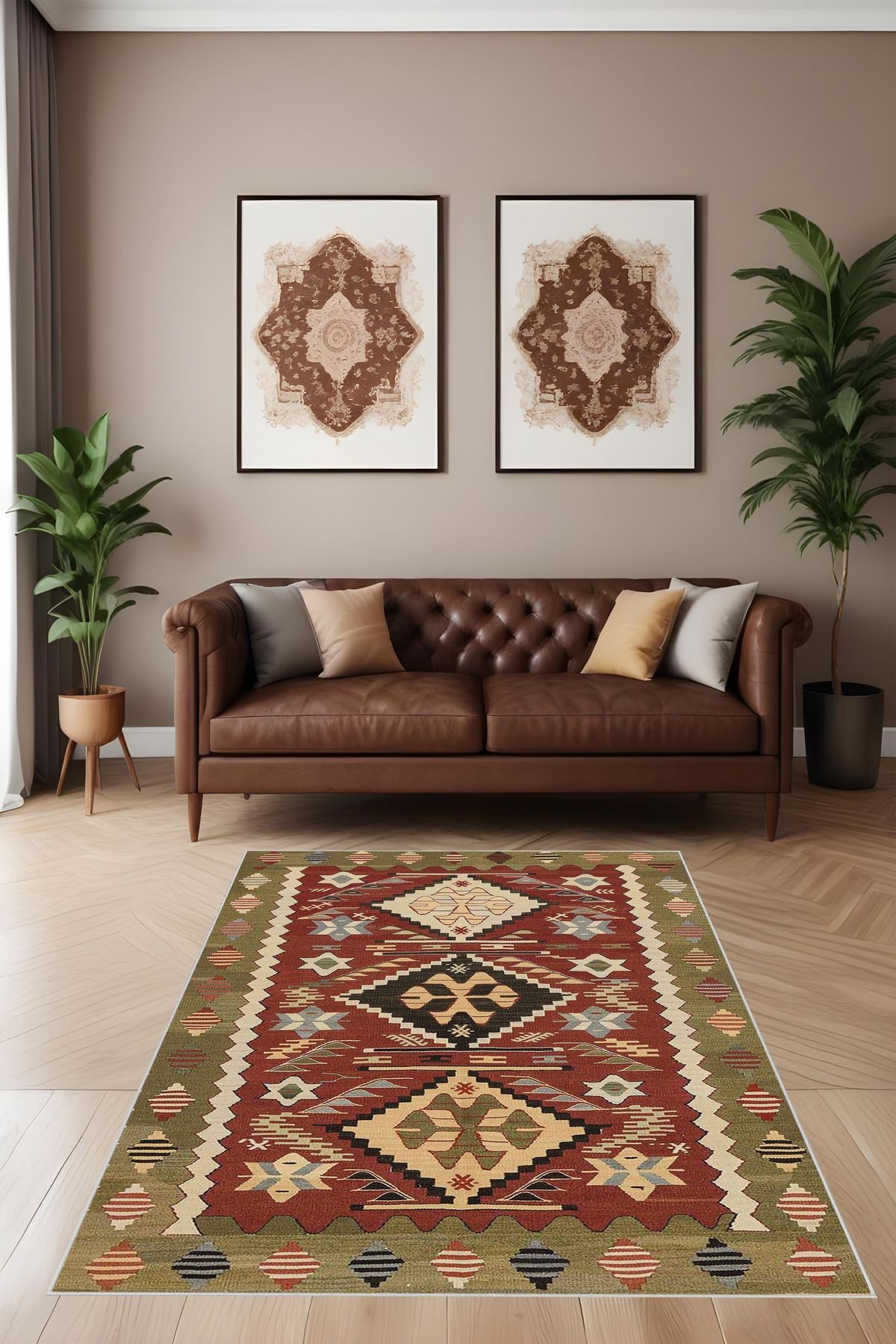 Dijital Baskı Klasik Desenli Kilim Görünümlü  Dekoratif Makinada Yıkanabilir Salon ve Yolluk Halısı