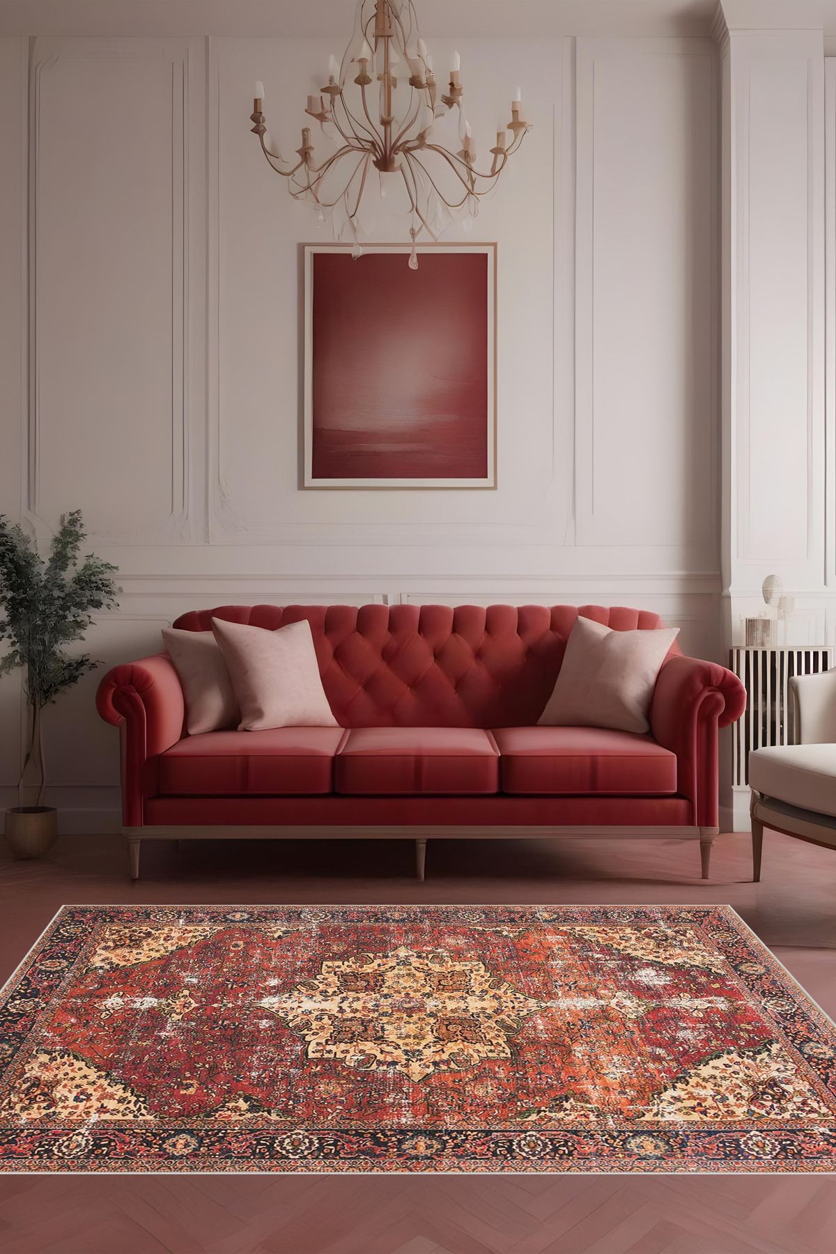 Dijital Baskı Klasik Desenli Çerçeveli Dekoratif Makinada Yıkanabilir Salon ve Yolluk Halısı