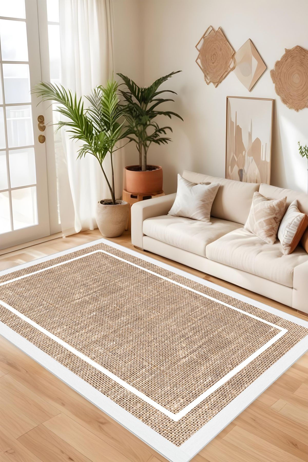 Dijital Baskı Jüt Görünüm Beyaz Çerçeveli Modern Makinada Yıkanabilir Salon Mutfak Yolluk Halısı
