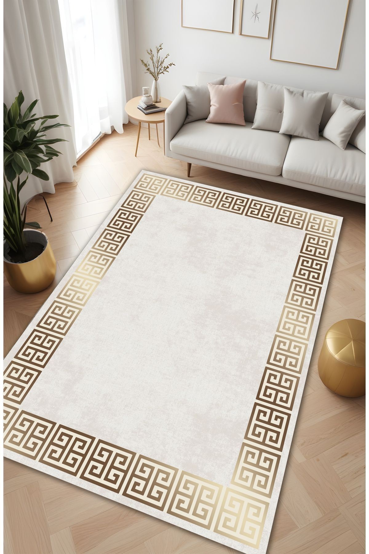 Dijital Baskı Sade Gold Çerçeveli Klasik Dekoratif Makinada Yıkanabilir Salon ve Yolluk Halısı