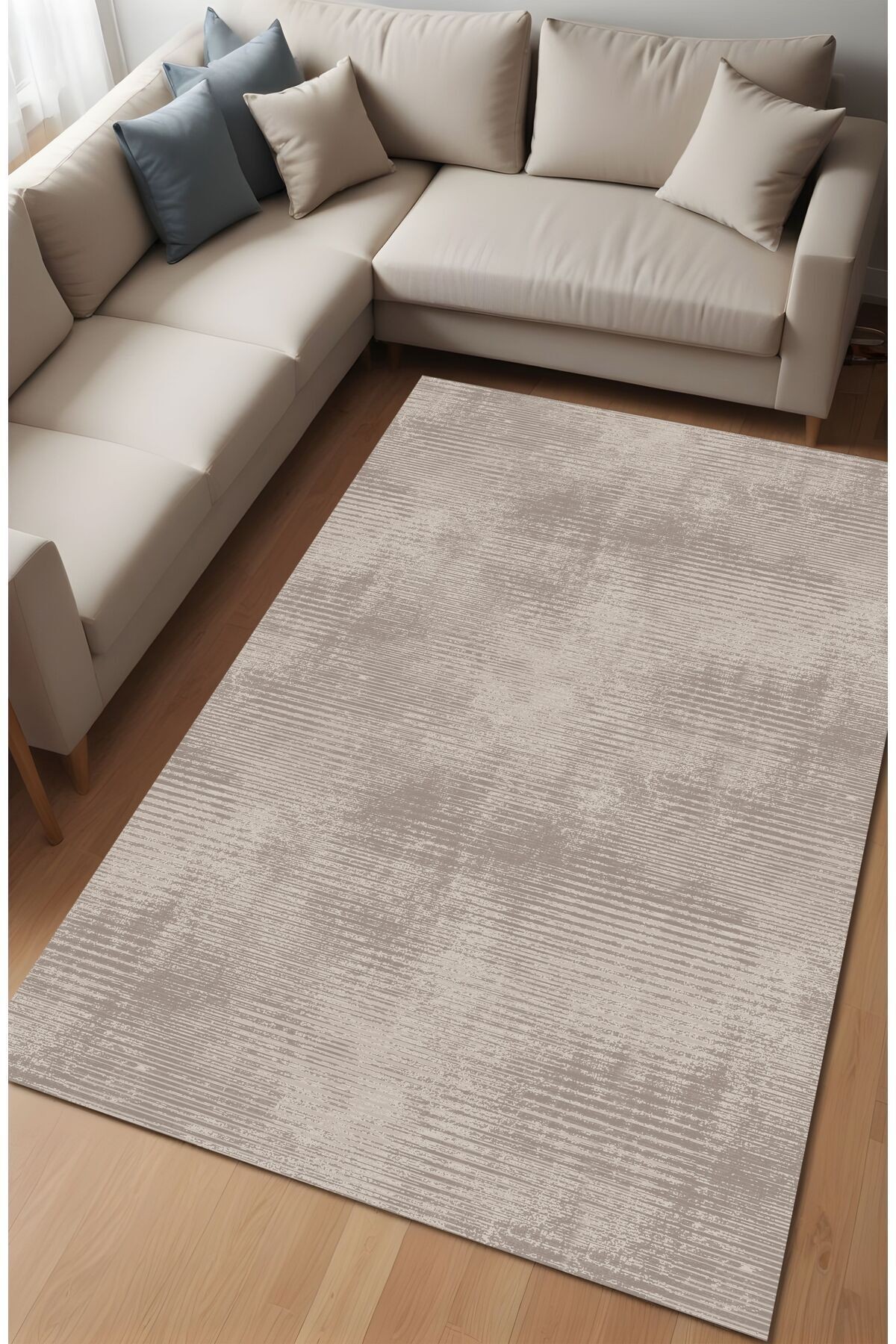 Dijital Baskı Modern Tarz Şerit Desenli Vizon Dekoratif Makinada Yıkanabilir Salon ve Yolluk Halısı