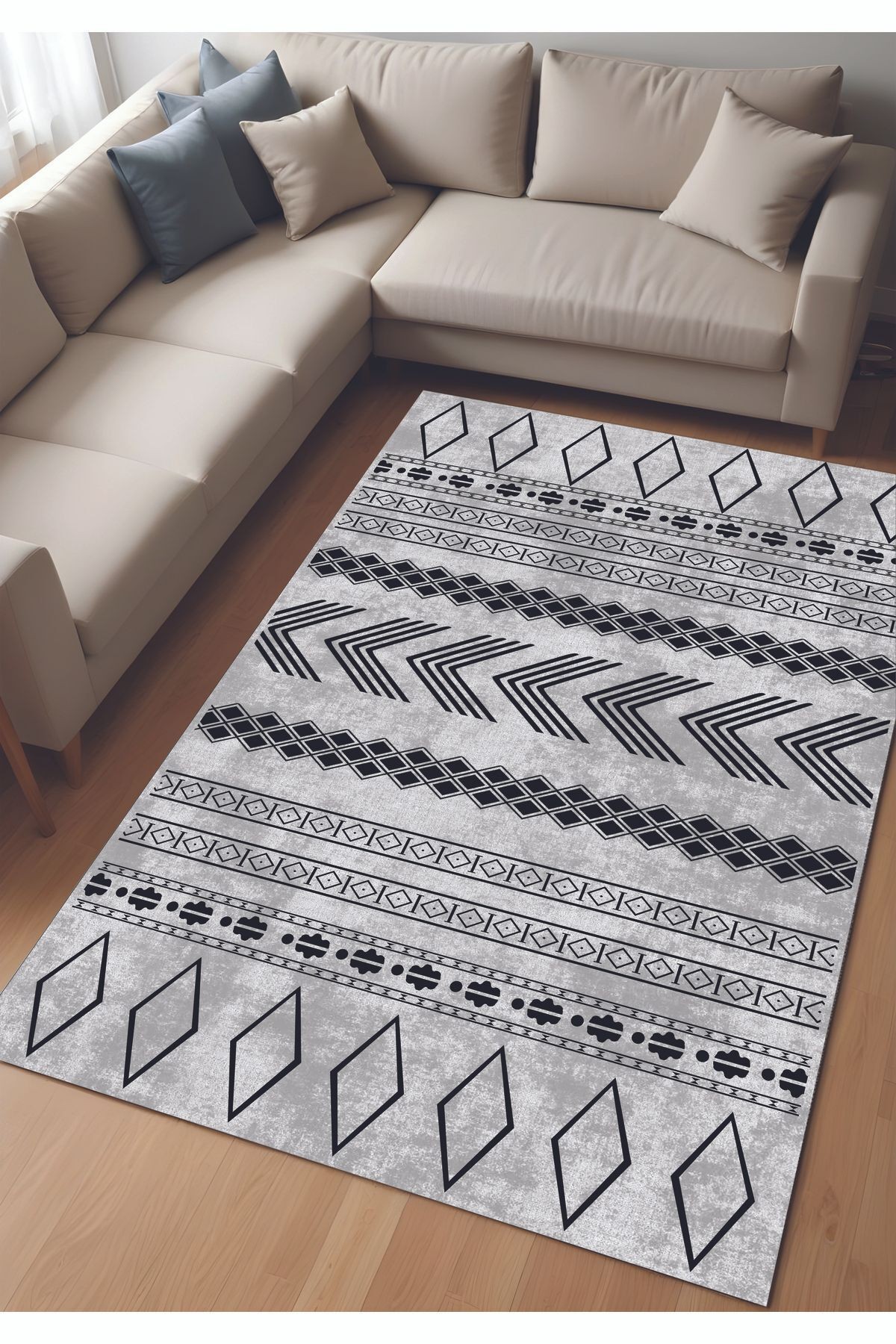 Dijital Baskı Gri Siyah Motif İskandinav Dekoratif Makinada Yıkanabilir Salon Mutfak ve Yolluk Halı