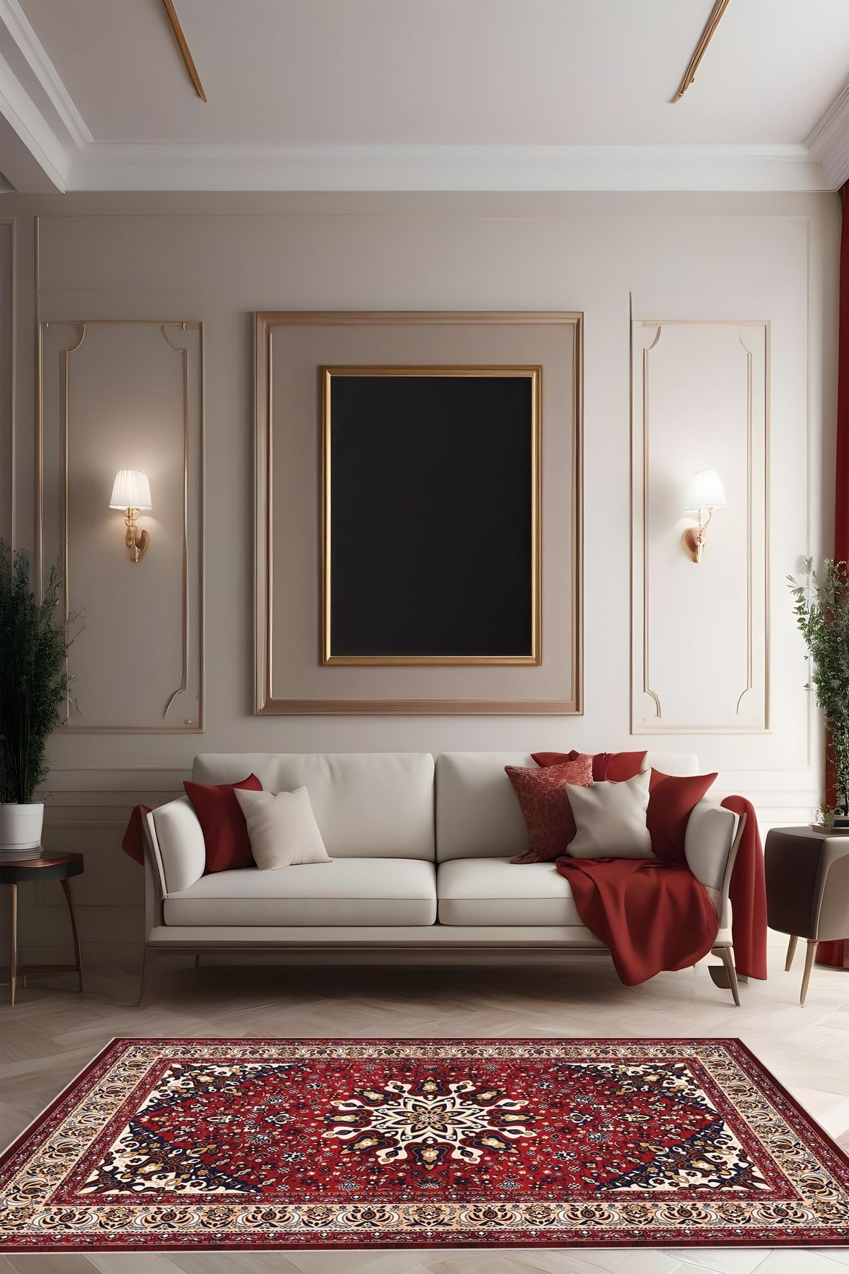 Dijital Baskı Klasik Desenli Çerçeveli Dekoratif Makinada Yıkanabilir Salon ve Yolluk Halısı