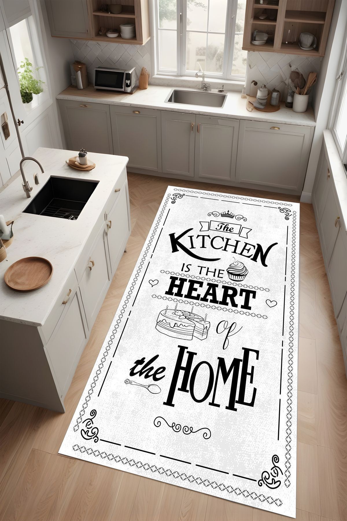 Dijital Baskı Kitchen Yazılı Dekoratif Modern Makinada Yıkanabilir Mutfak Halısı