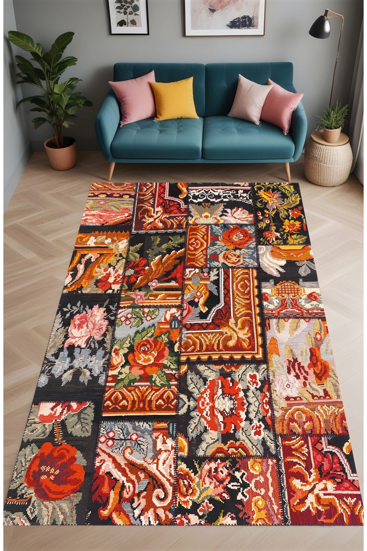 Dijital Baskı Karabağ Patchwork Desen Dekoratif Makinada Yıkanabilir Salon Mutfak ve Yolluk Halısı