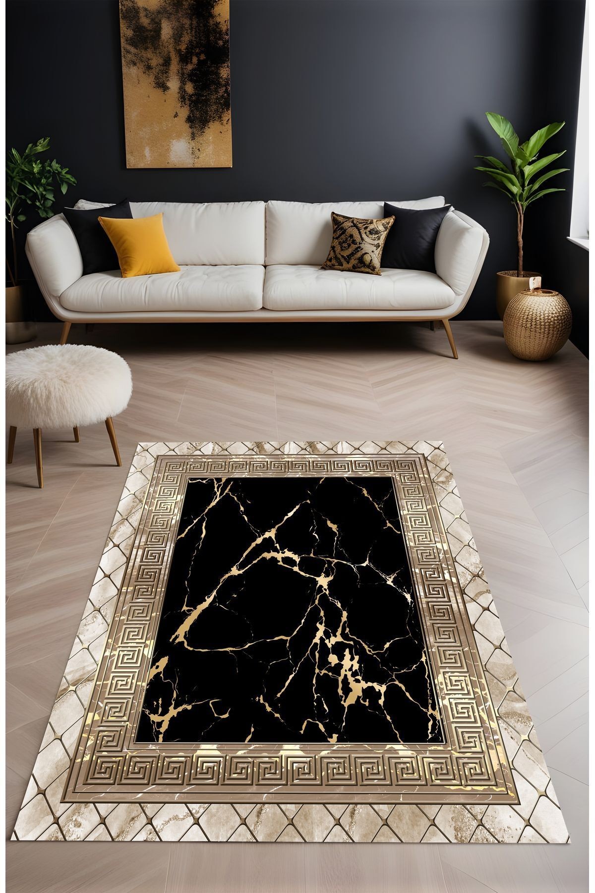 Dijital Baskı Siyah Gold Mermer Desen Çerçeveli Dekoratif Makinada Yıkanabilir Salon Yolluk Halısı