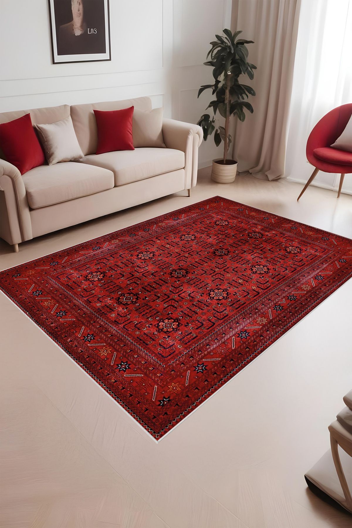 Dijital Baskı Klasik Desenli Kırmızı Çerçeveli Dekoratif Makinada Yıkanabilir Salon ve Yolluk Halısı