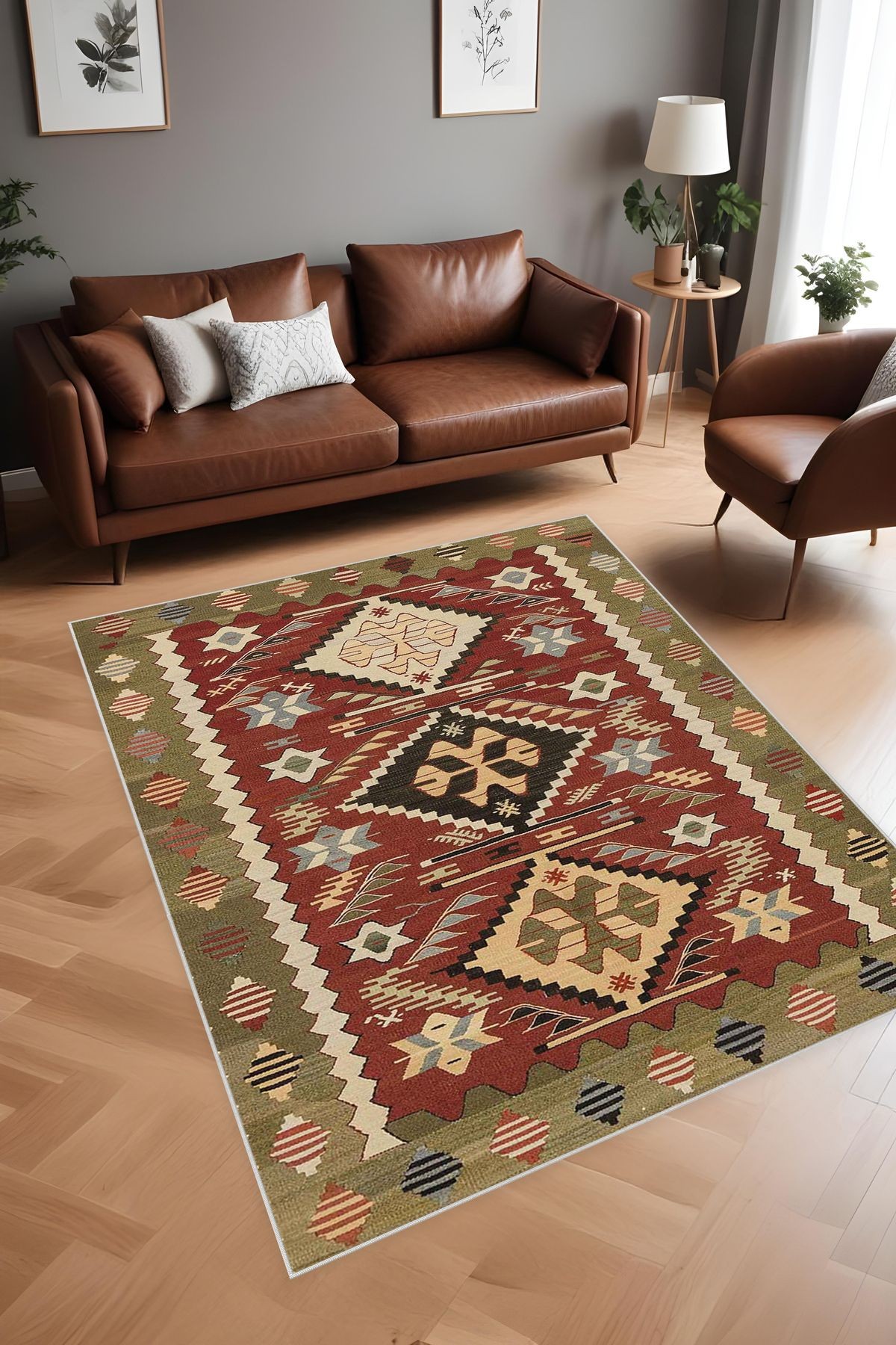 Dijital Baskı Klasik Desenli Kilim Görünümlü  Dekoratif Makinada Yıkanabilir Salon ve Yolluk Halısı