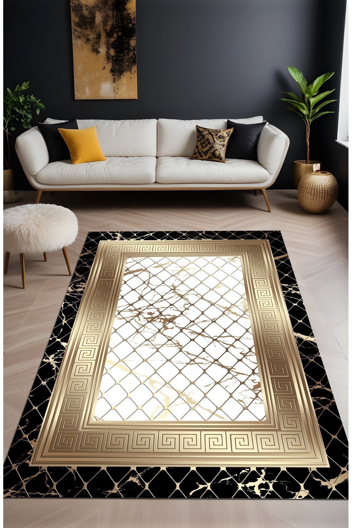 Dijital Baskı File Desen Gold Siyah Çerçeveli Dekoratif Makinada Yıkanabilir Salon ve Yolluk Halısı