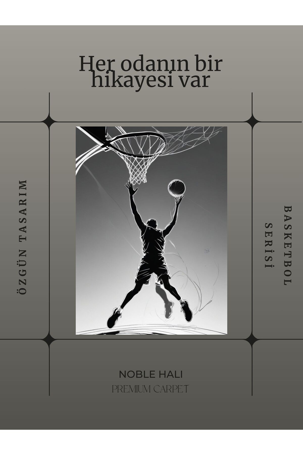 Dijital Baskı Siyah Beyaz Basketbol Temalı Makinada Yıkanabilir Genç Odası Salon ve Yolluk Halısı