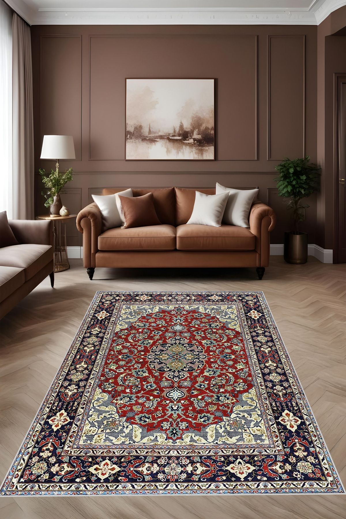 Dijital Baskı Klasik Desenli Çerçeveli Dekoratif Makinada Yıkanabilir Salon ve Yolluk Halısı