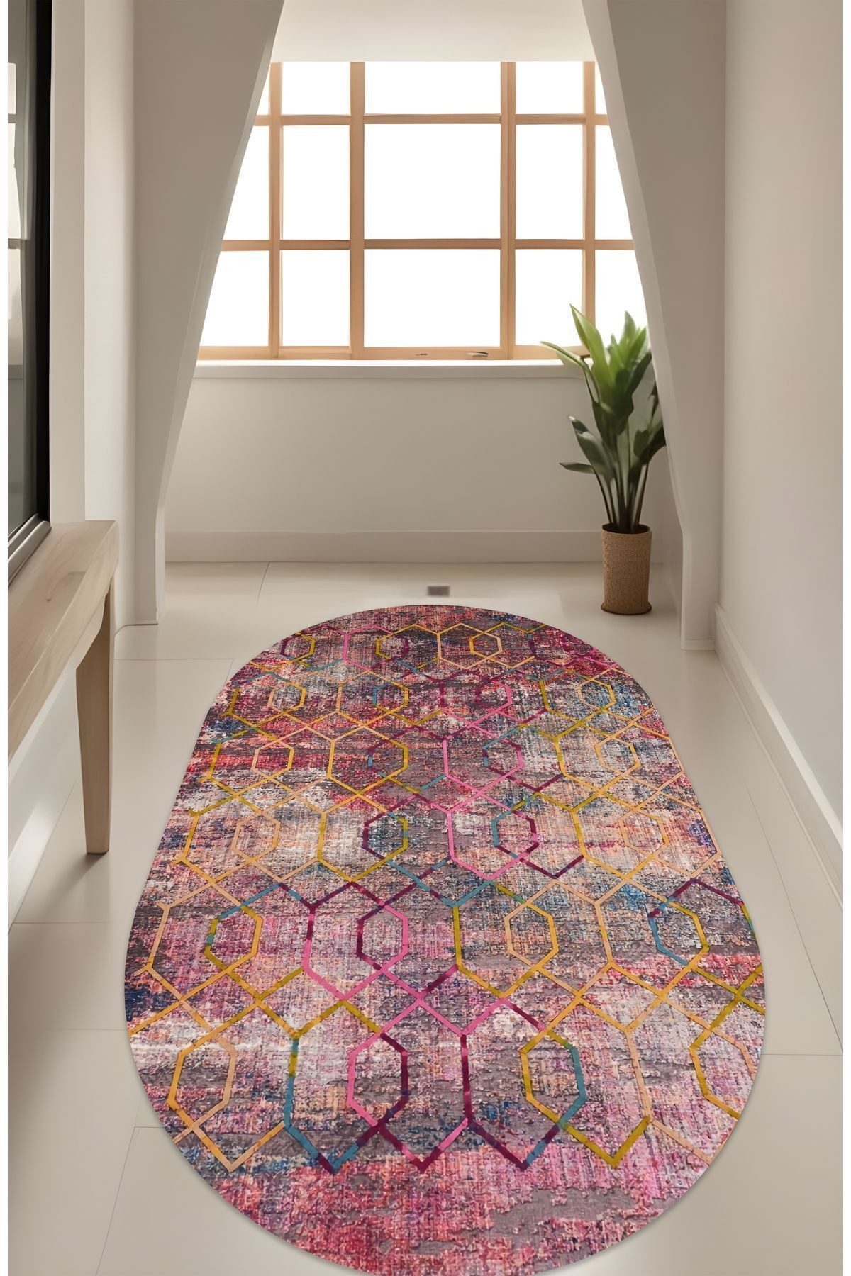 Dijital Baskı Renkli Geçişli Modern Dekoratif Makinada Yıkanabilir Oval Salon Halısı Yolluk Halısı
