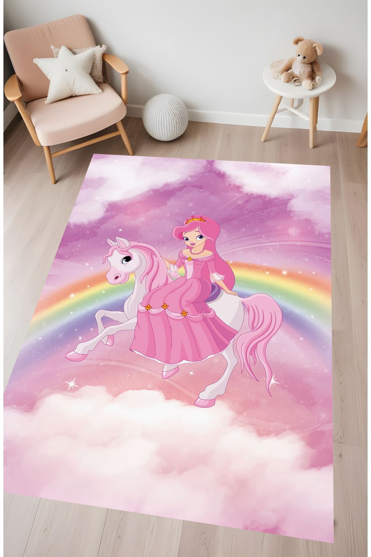 Dijital Baskı Pembe Unicorn Gökkuşağı Desenli Makinada Yıkanabilir Çocuk Halısı Genç Halısı