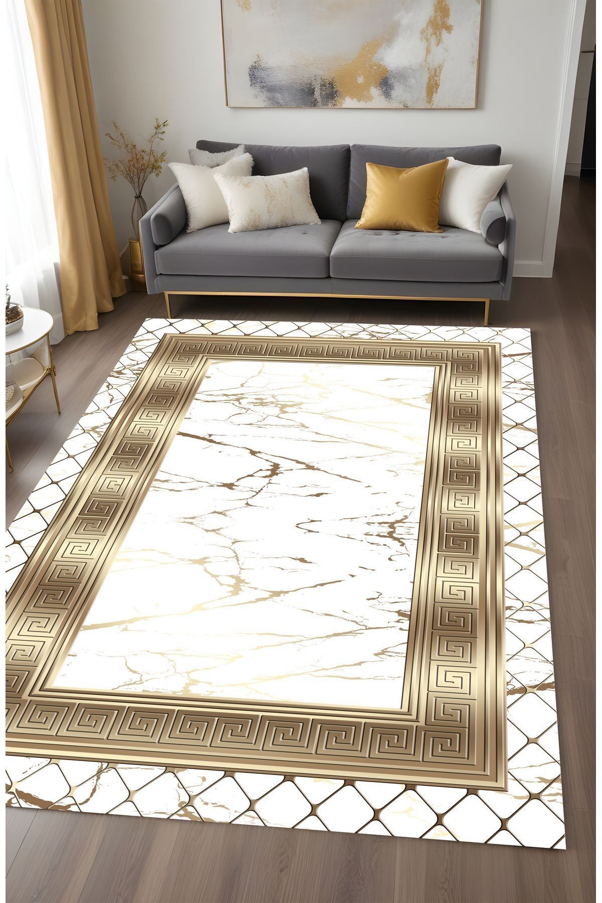 Dijital Baskı Mermer Desen File Çerçeveli Gold Dekoratif Makinada Yıkanabilir Salon ve Yolluk Halısı