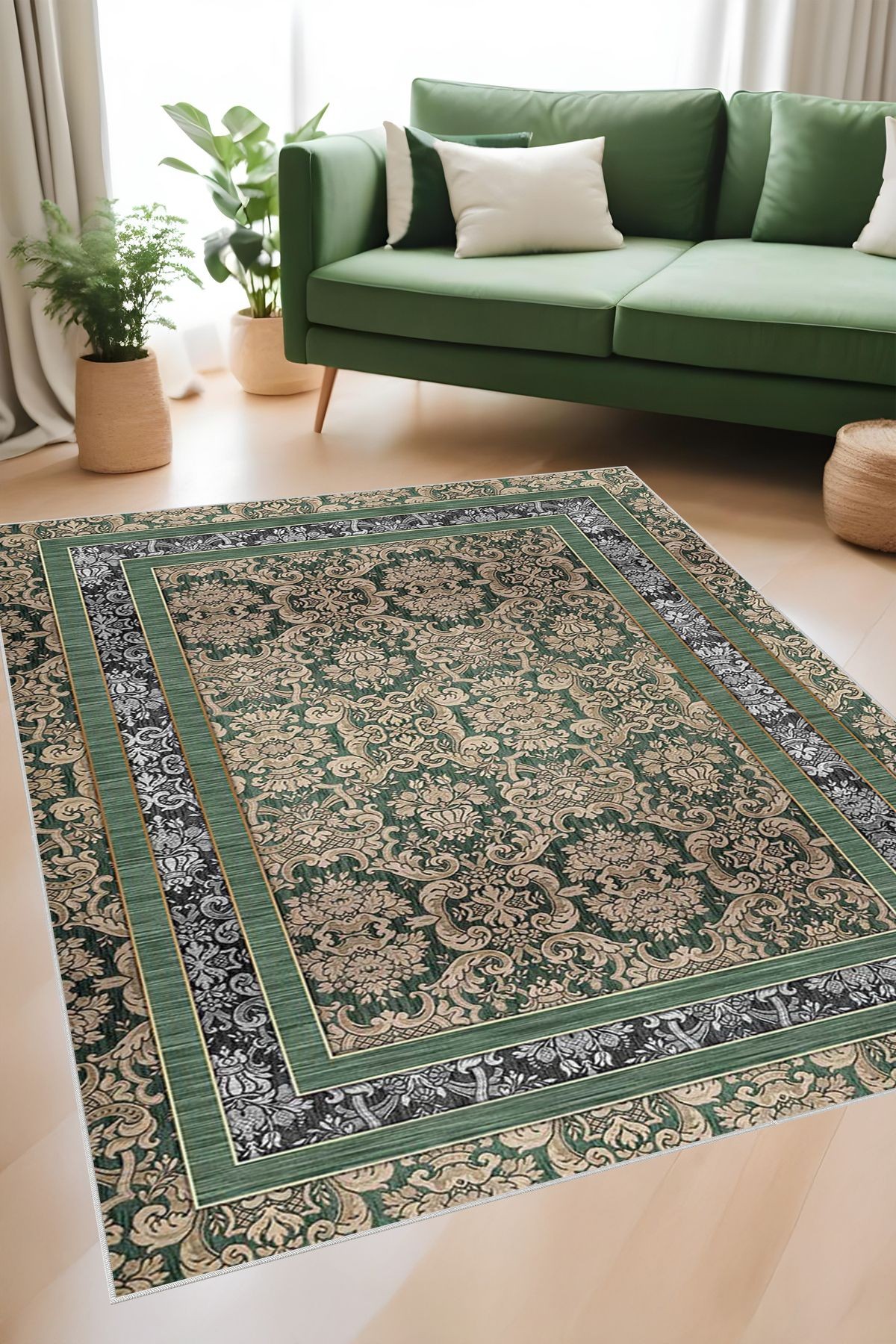 Dijital Baskı Klasik Desenli Çift Çerçeveli Dekoratif Makinada Yıkanabilir Salon ve Yolluk Halısı