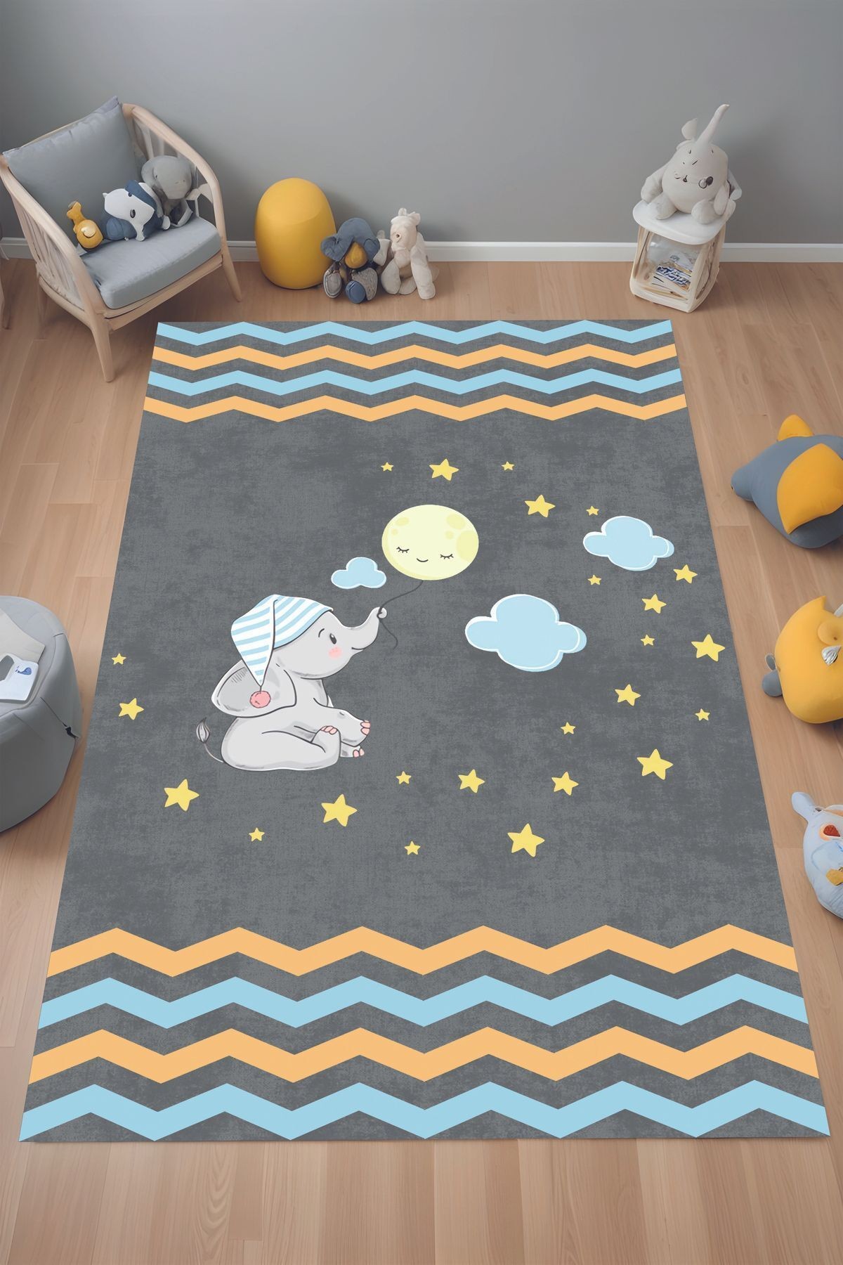 Dijital Baskı Grili Fil ve Gece Temalı Dekoratif Makinada Yıkanabilir Bebek ve Çocuk Halı