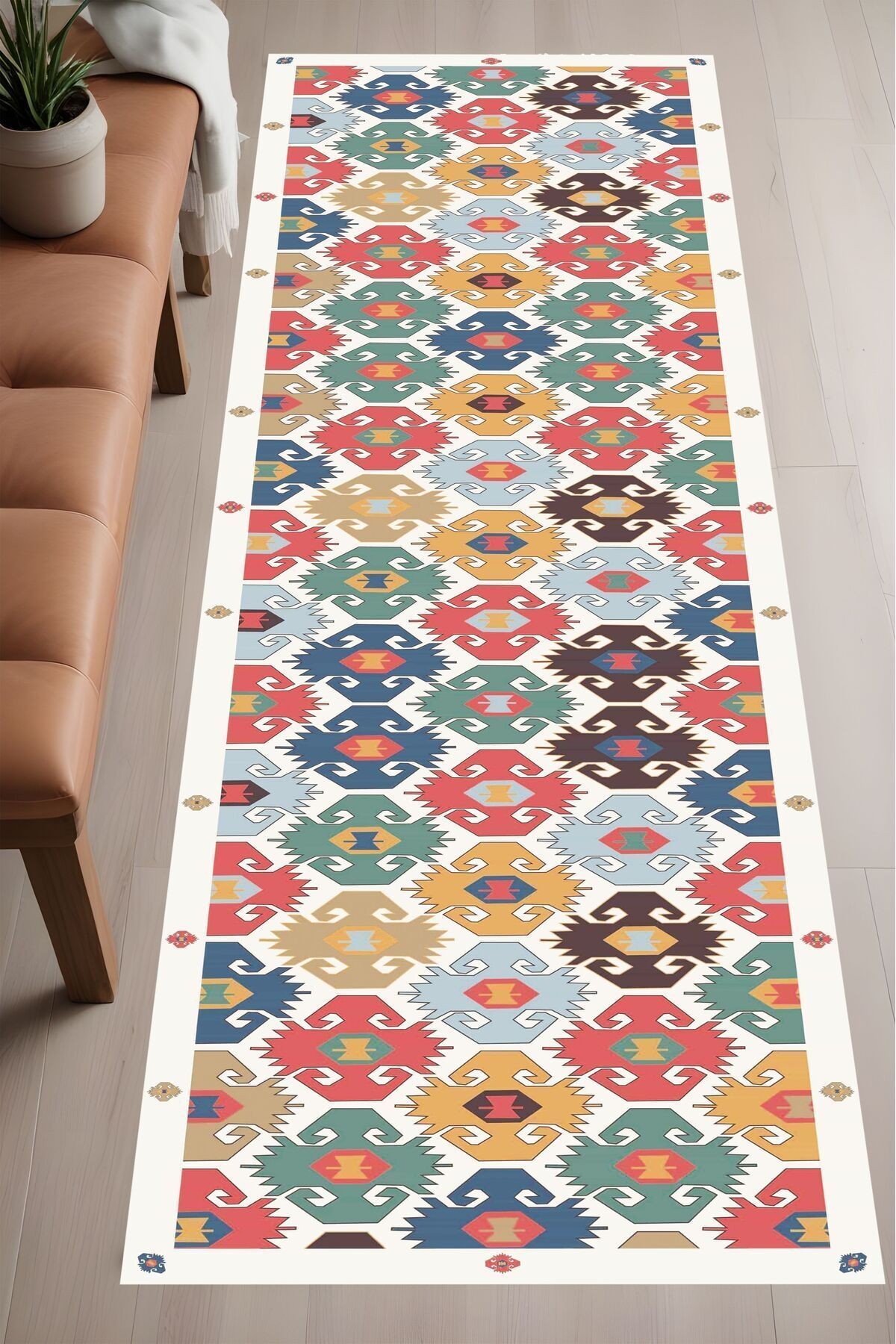 Dijital Baskı Renkli Otantik Kilim Desen Dekoratif Makinada Yıkanabilir Salon Koridor Yolluk Halısı