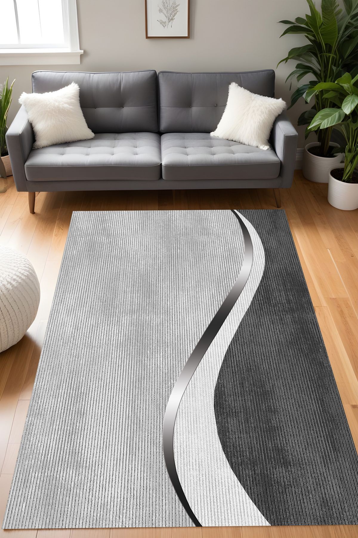 Dijital Baskı Gri Estetik Modern Çizgili Dekoratif Makinada Yıkanabilir Yolluk ve Salon Halısı
