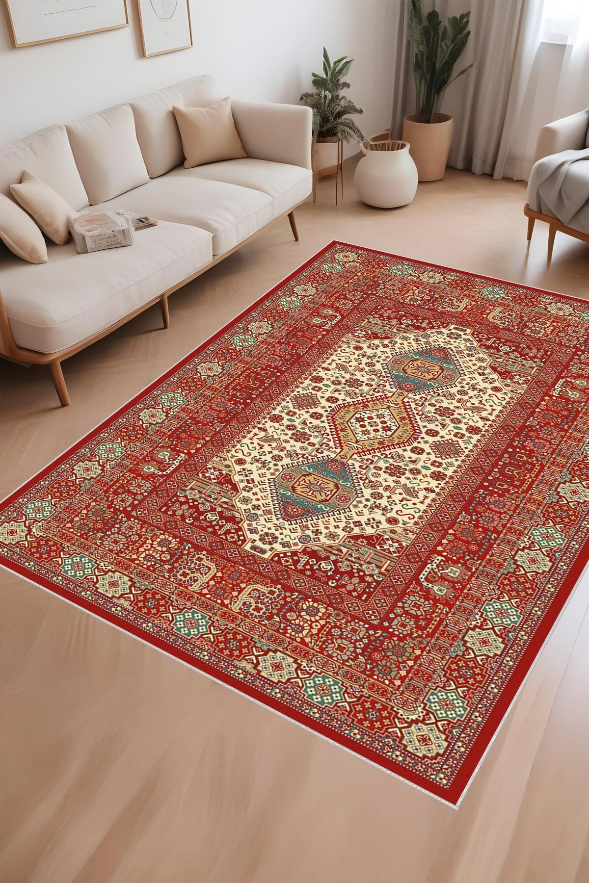 Dijital Baskı Klasik Desenli Çerçeveli Dekoratif Makinada Yıkanabilir Salon ve Yolluk Halısı