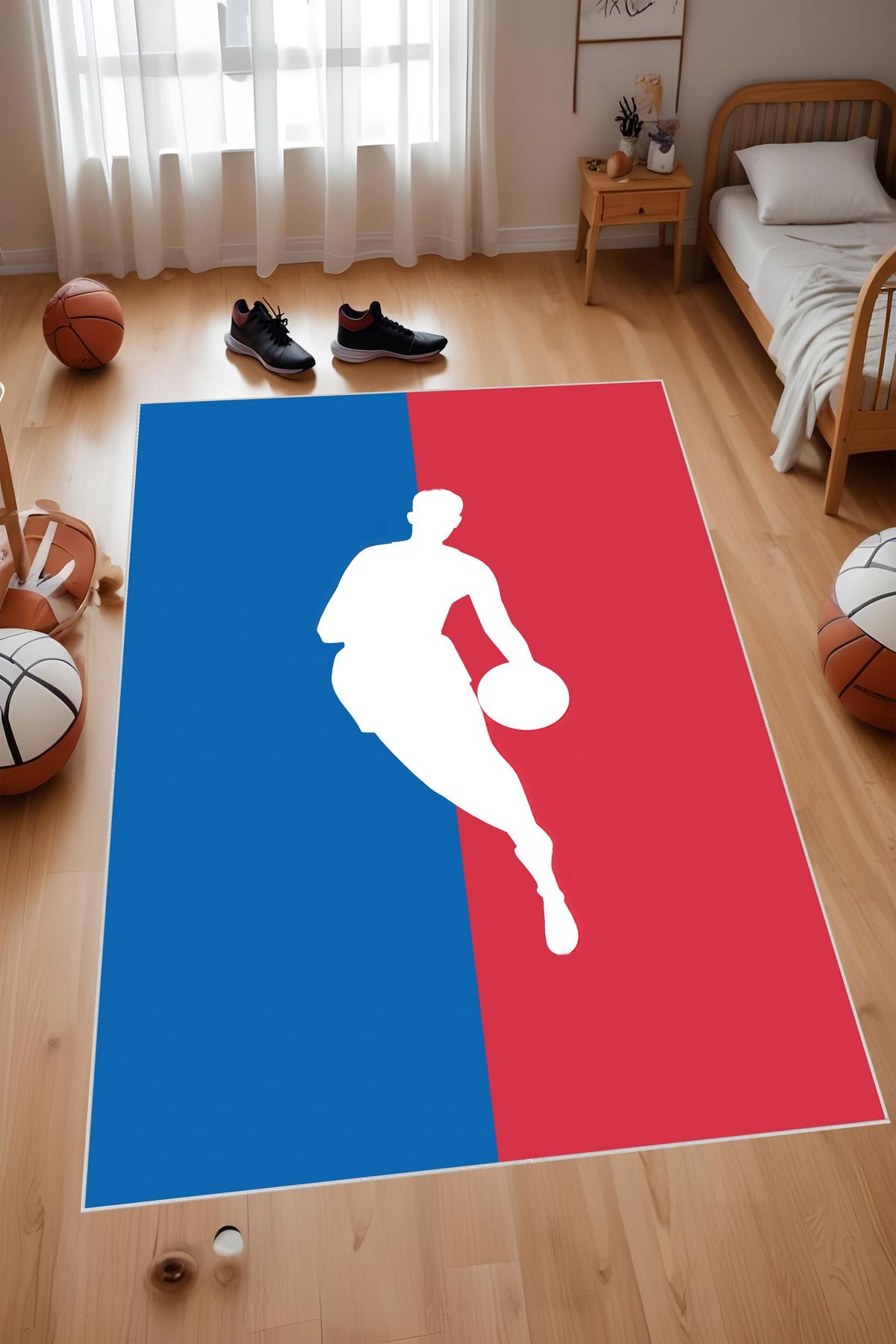 Dijital Baskı Mavi Kırmızı Beyaz Basketbol Logolu Makinada Yıkanabilir Genç Odası ve Salon Halısı