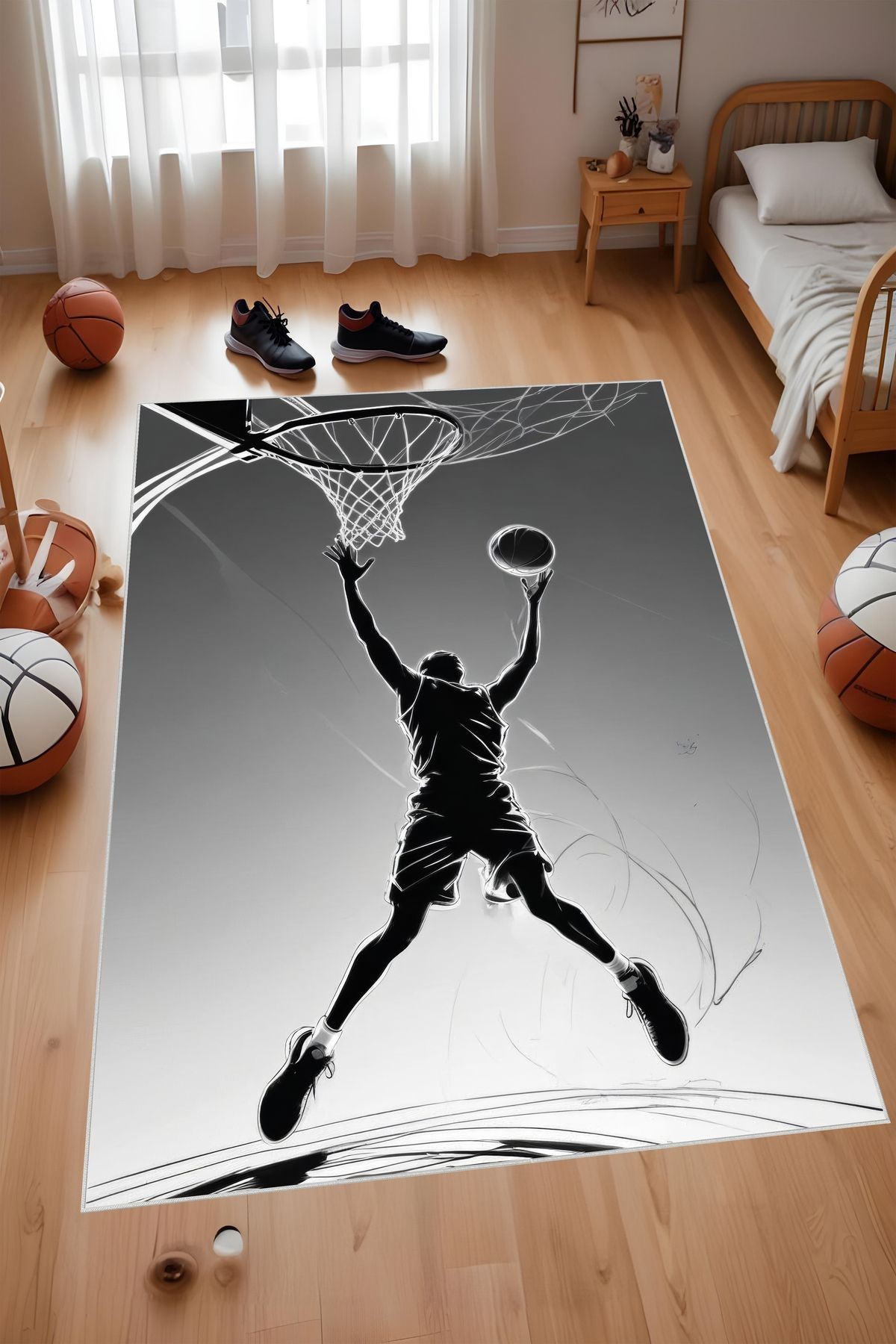 Dijital Baskı Siyah Beyaz Basketbol Temalı Makinada Yıkanabilir Genç Odası Salon ve Yolluk Halısı