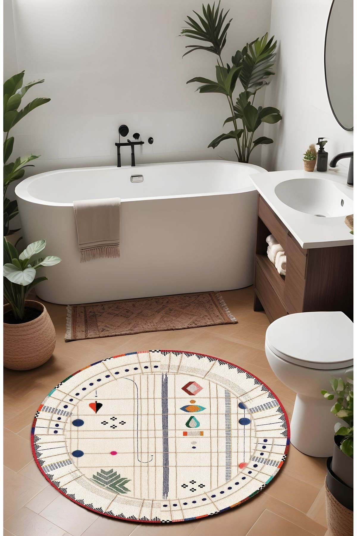 Dijital Baskı Yuvarlak Renkli Motif Etnik Desenli Modern Banyo Halısı Banyo Paspası (80x80)