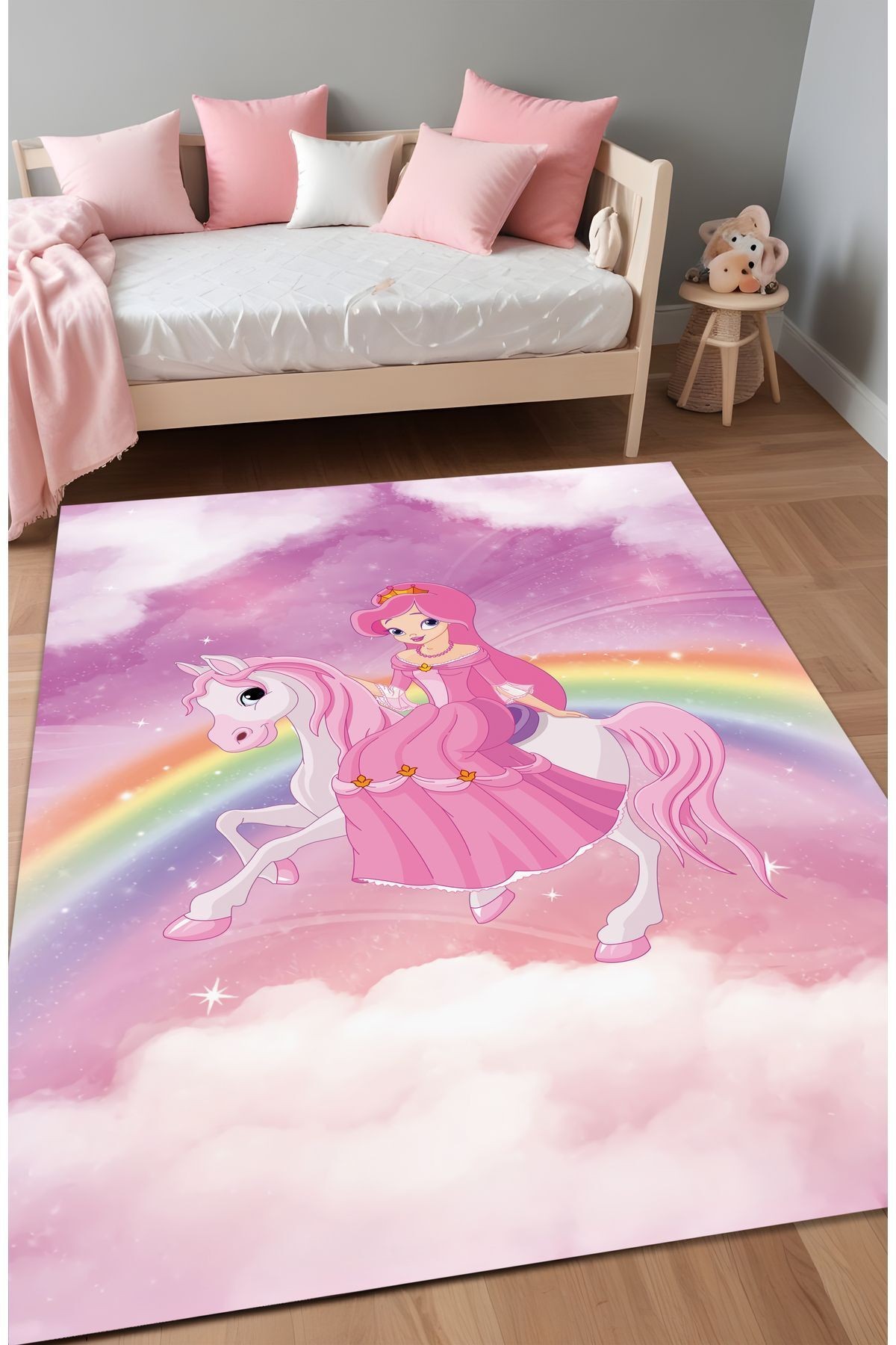Dijital Baskı Pembe Unicorn Gökkuşağı Desenli Makinada Yıkanabilir Çocuk Halısı Genç Halısı
