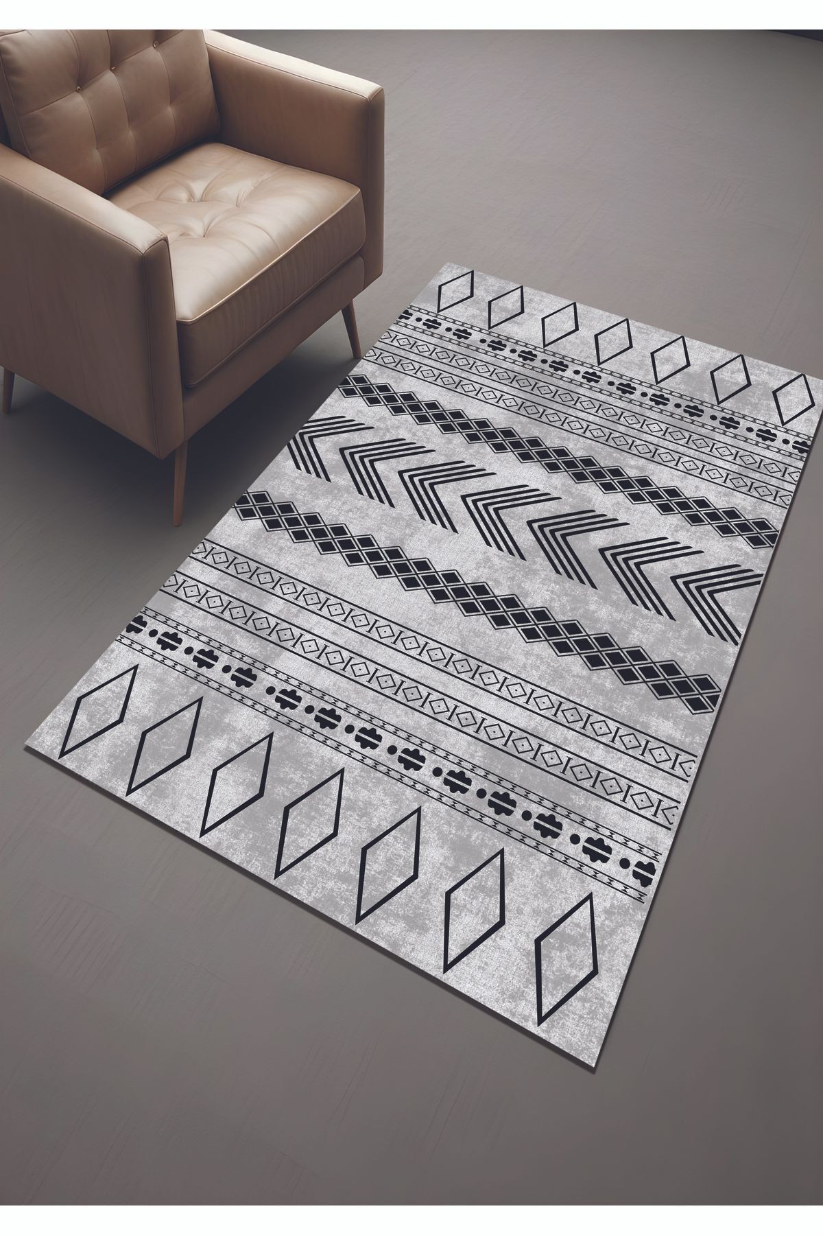Dijital Baskı Gri Siyah Motif İskandinav Dekoratif Makinada Yıkanabilir Salon Mutfak ve Yolluk Halı
