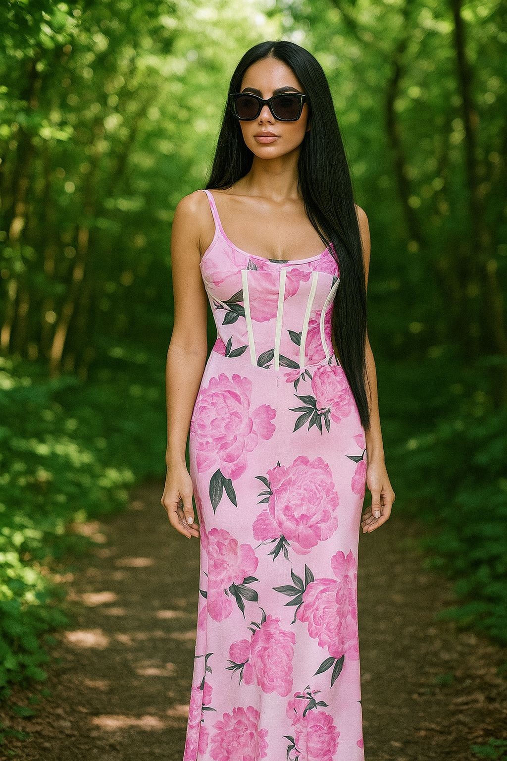 Biye detaylı maxi  elbise - Pembe Desen