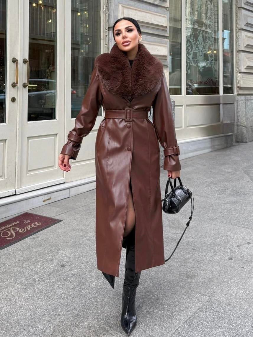 İthal deri kürk detay trenç  - Kahverengi
