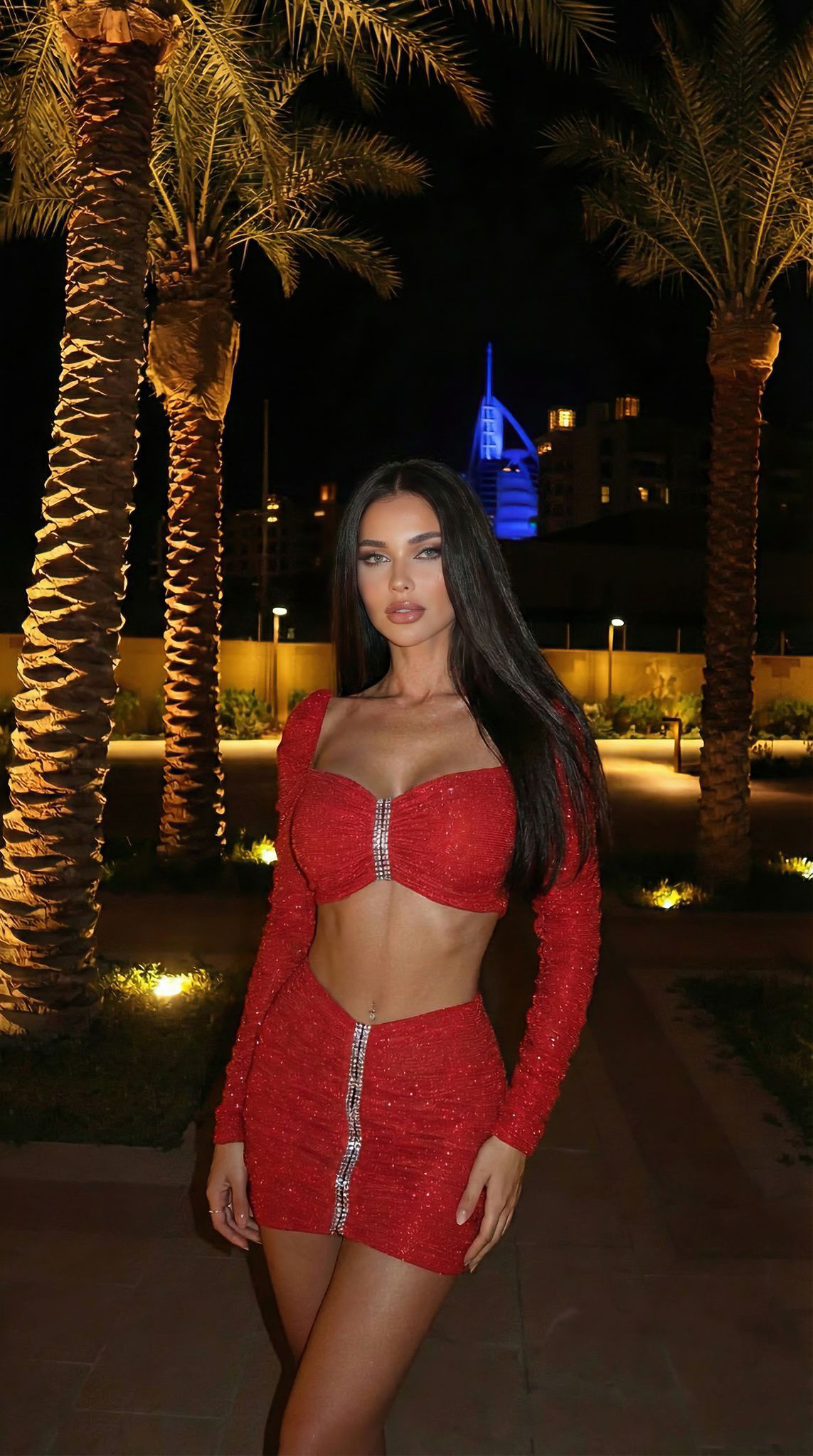 Fukuro kumaş  taş baskılı astarlı  mini ikili elbise - Kırmızı