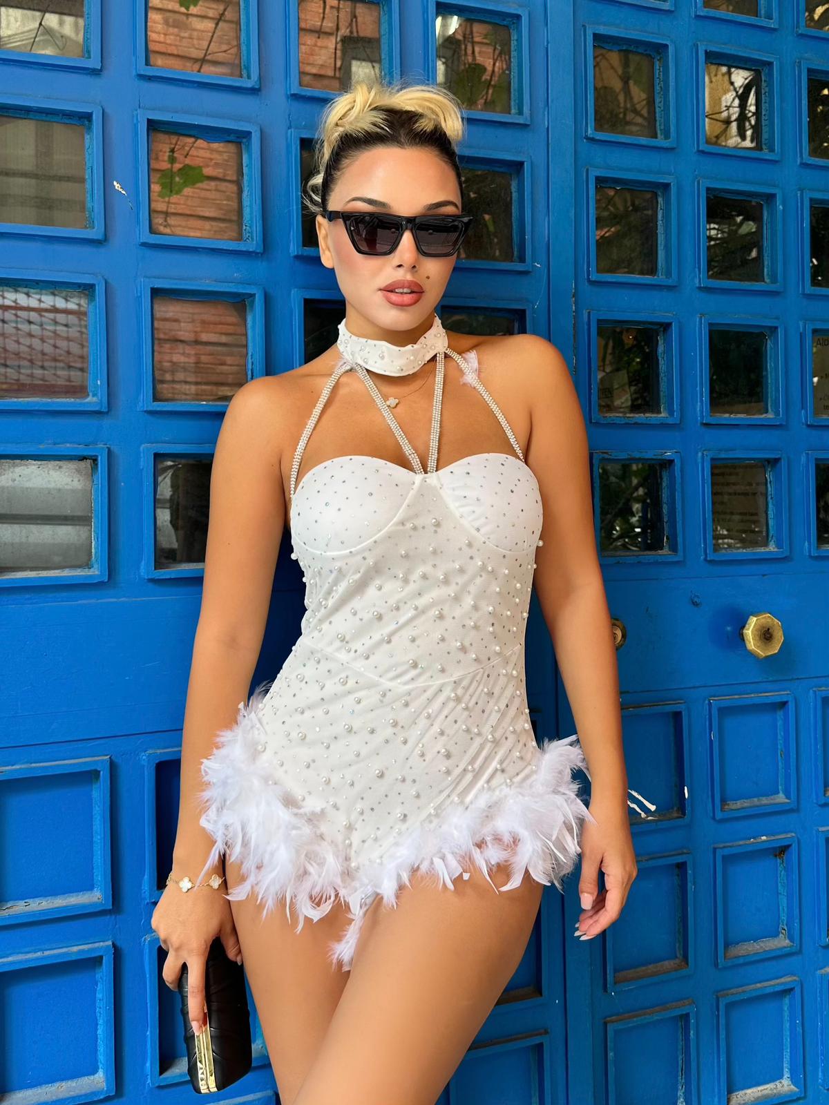 Sim taş detay kumaş inci çakımlı tütü detaylı astarlı mini tulum