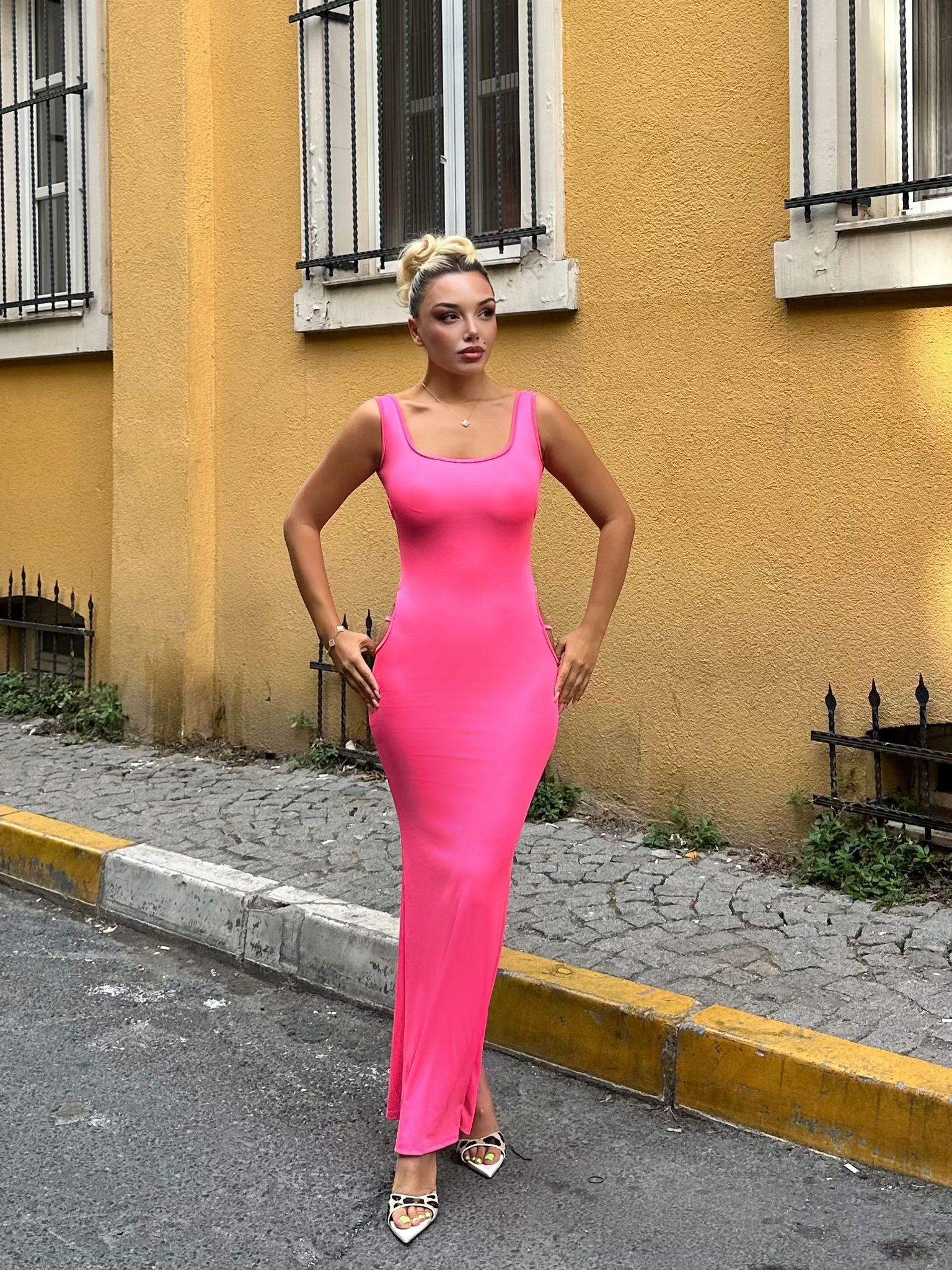 Maxi boy elbise - Pembe