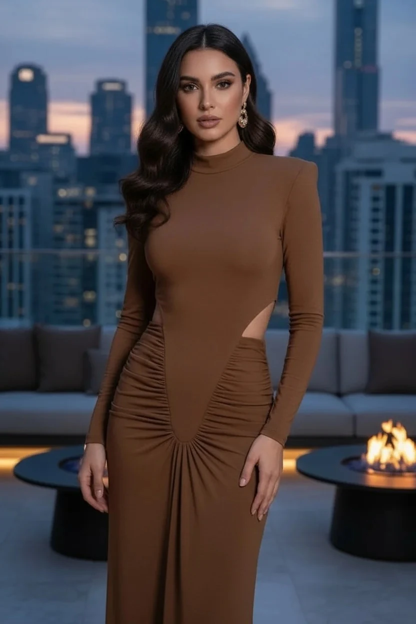 Mikro kumaş maxi boy elbise - Kahverengi