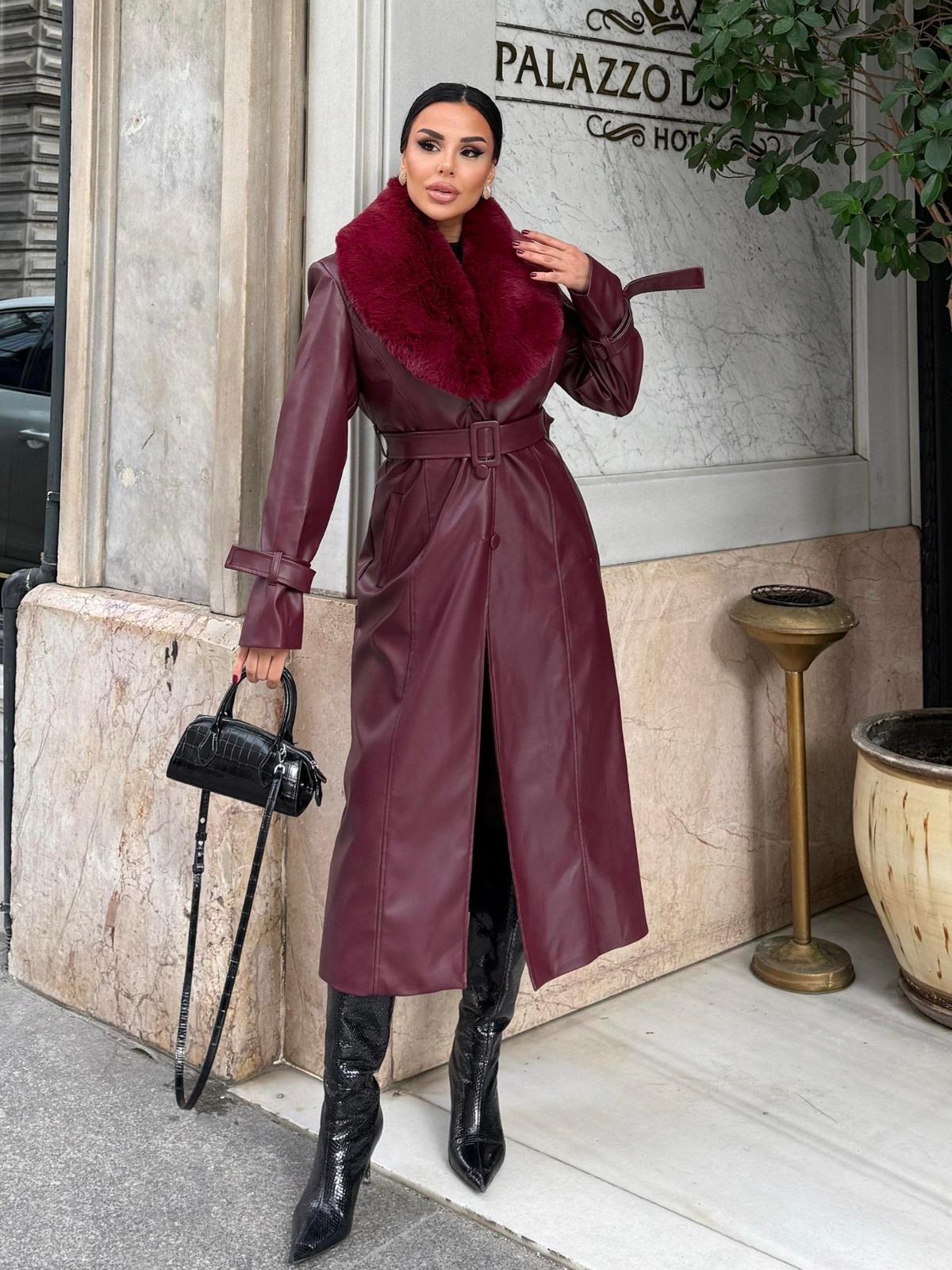 İthal deri kürk detay trenç 