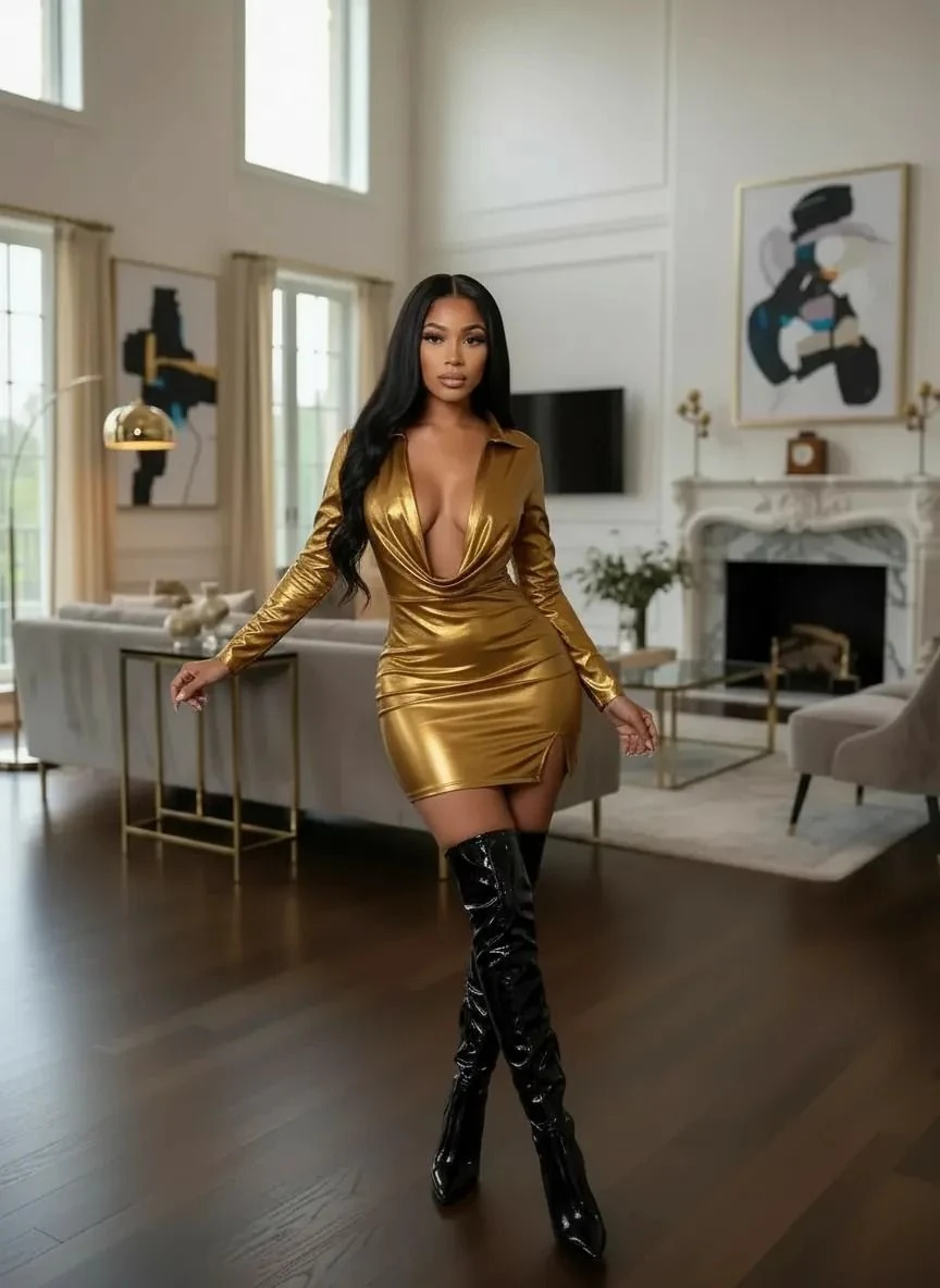 Lame kumaş  gömlek yaka degaje elbise - Gold