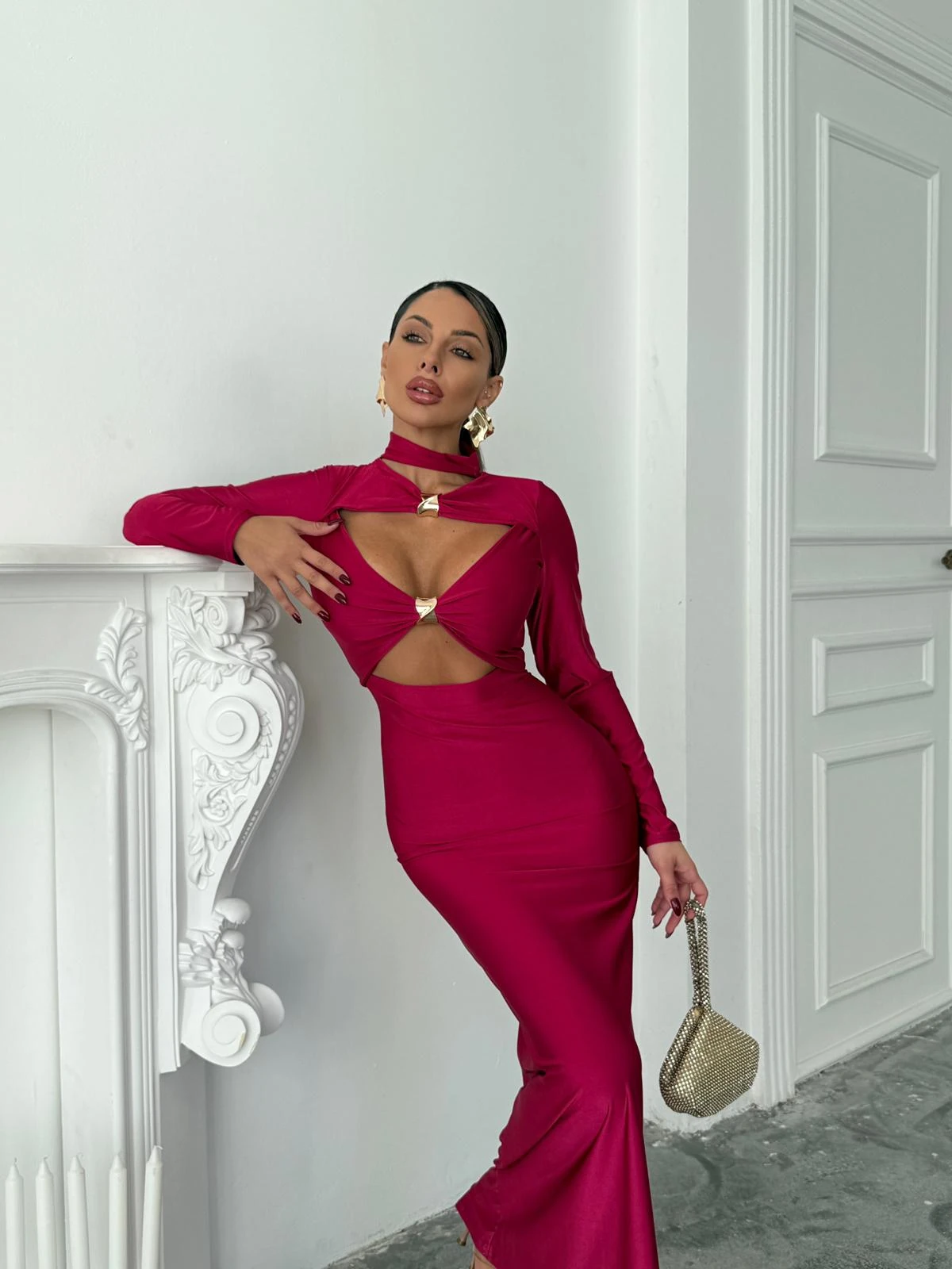 Kristal örme parlak kumaş maxi boy Elbise - Fuşya