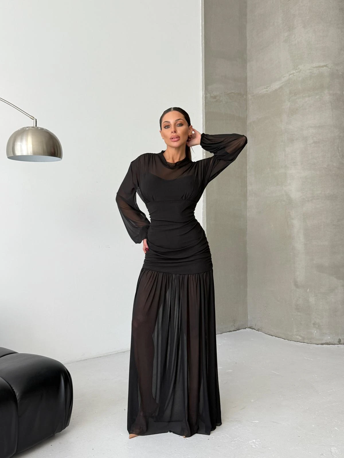Likralı tül astar detaylı maxi elbise  - Siyah