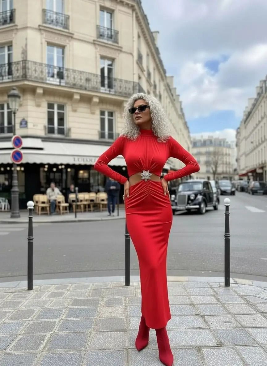 Zirkonyum taşlı Çelik broş detay elbise - Kırmızı