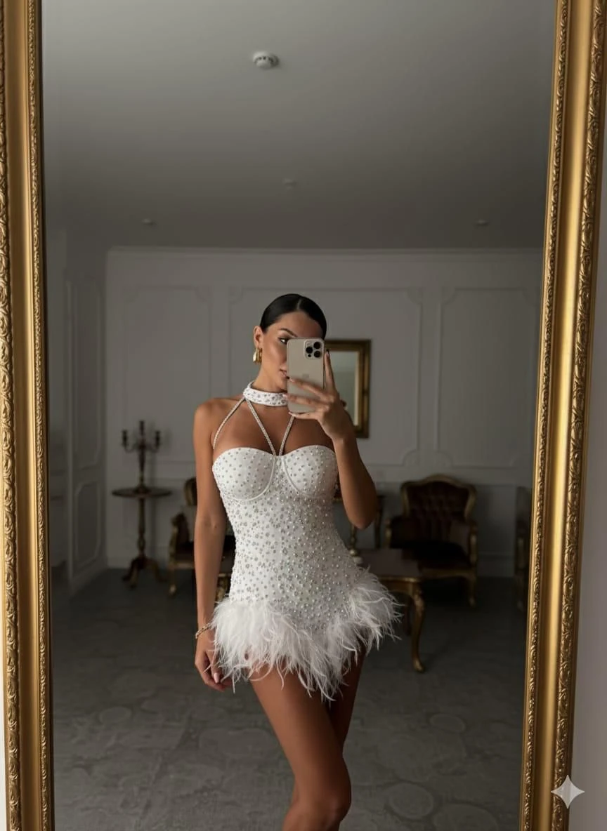 Sim taş detay kumaş inci çakımlı tütü detaylı astarlı mini tulum