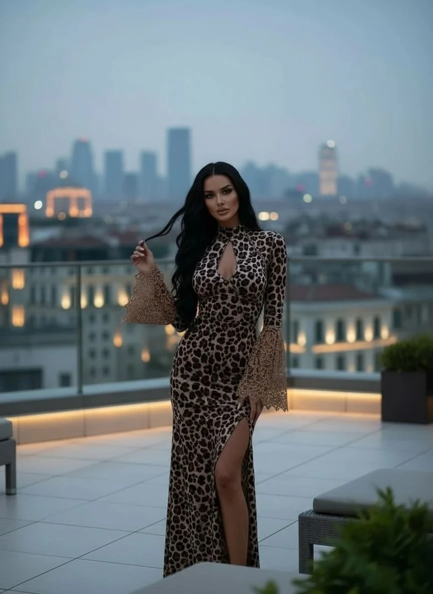 Mikro kumaş dijital baskı maxi boy elbise