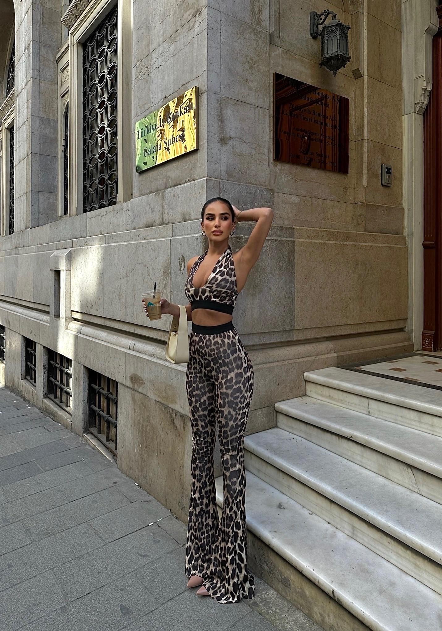İspanyol paça pantolon&crop ikili takım