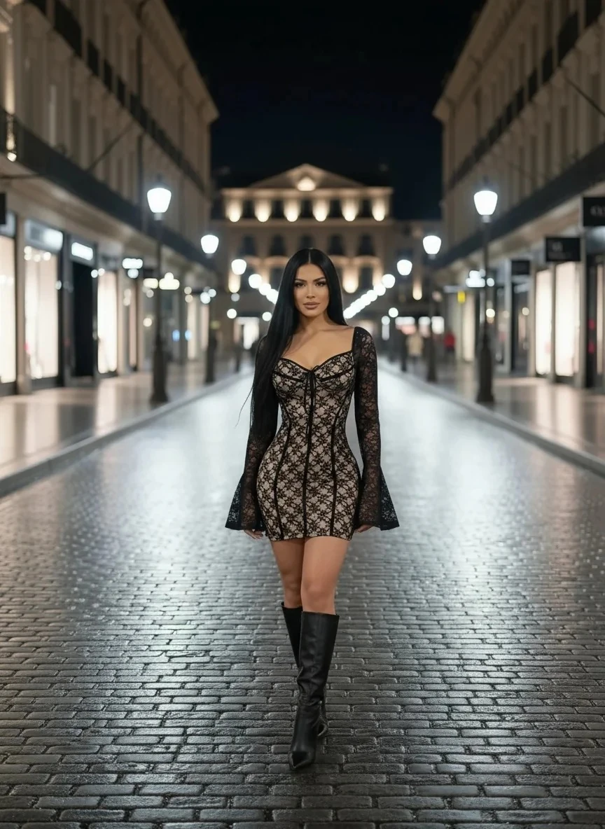 Likralı tül astar detaylı güpürlü elbise