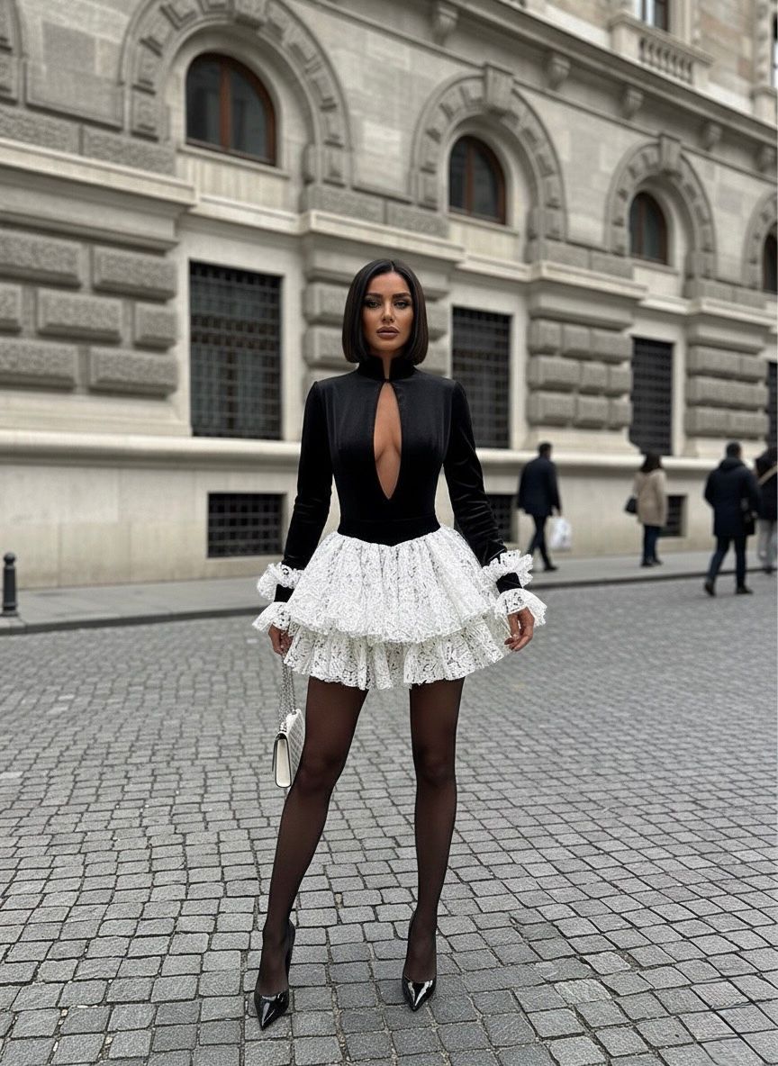 Kadife kumaş badsuit dantel fırfır detaylı mini elbise - Beyaz