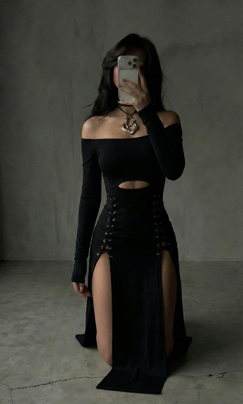 Kuşgözü detaylı çift yırtmaçlı elbise