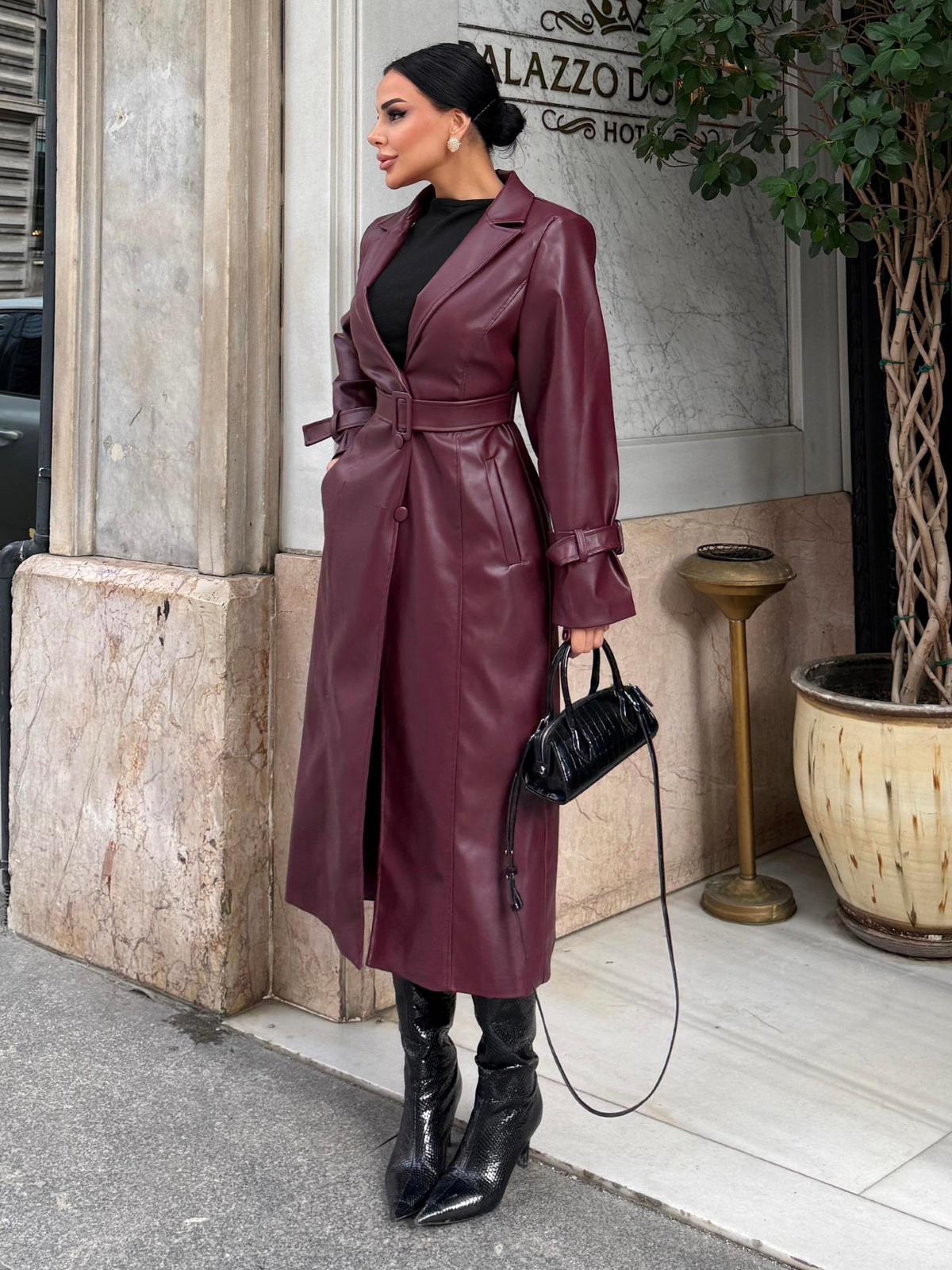 İthal deri kürk detay trenç 