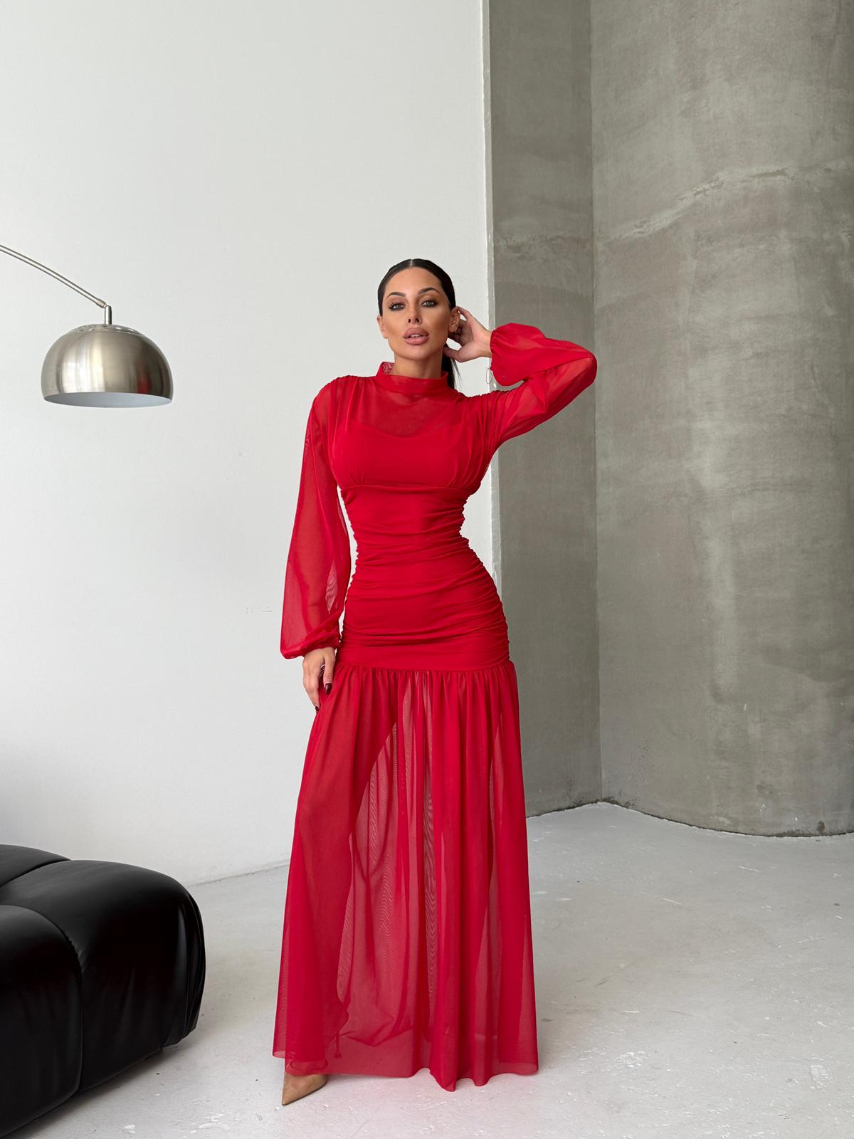 Likralı tül astar detaylı maxi elbise 