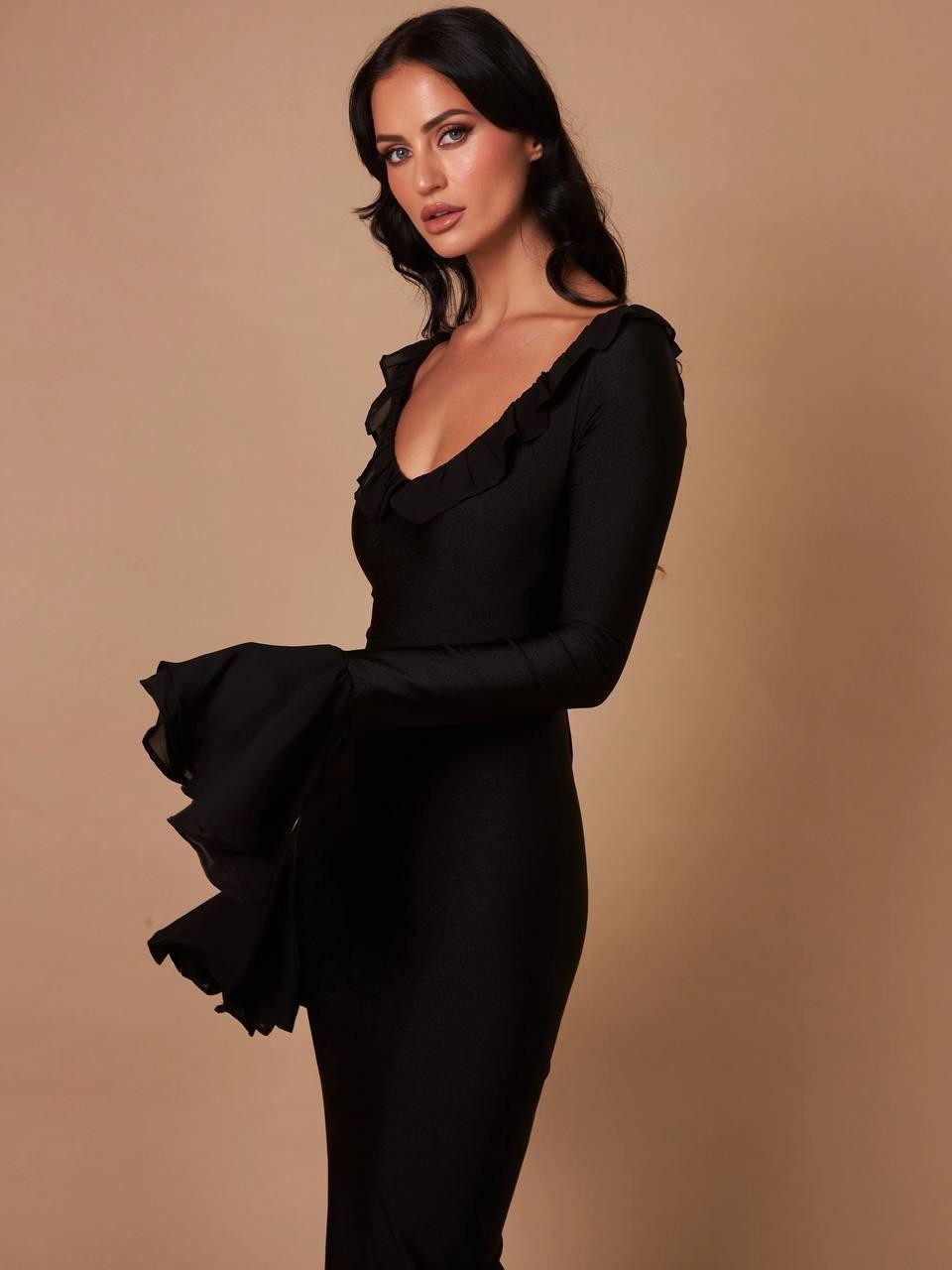 Beli korse detaylı maxi elbise