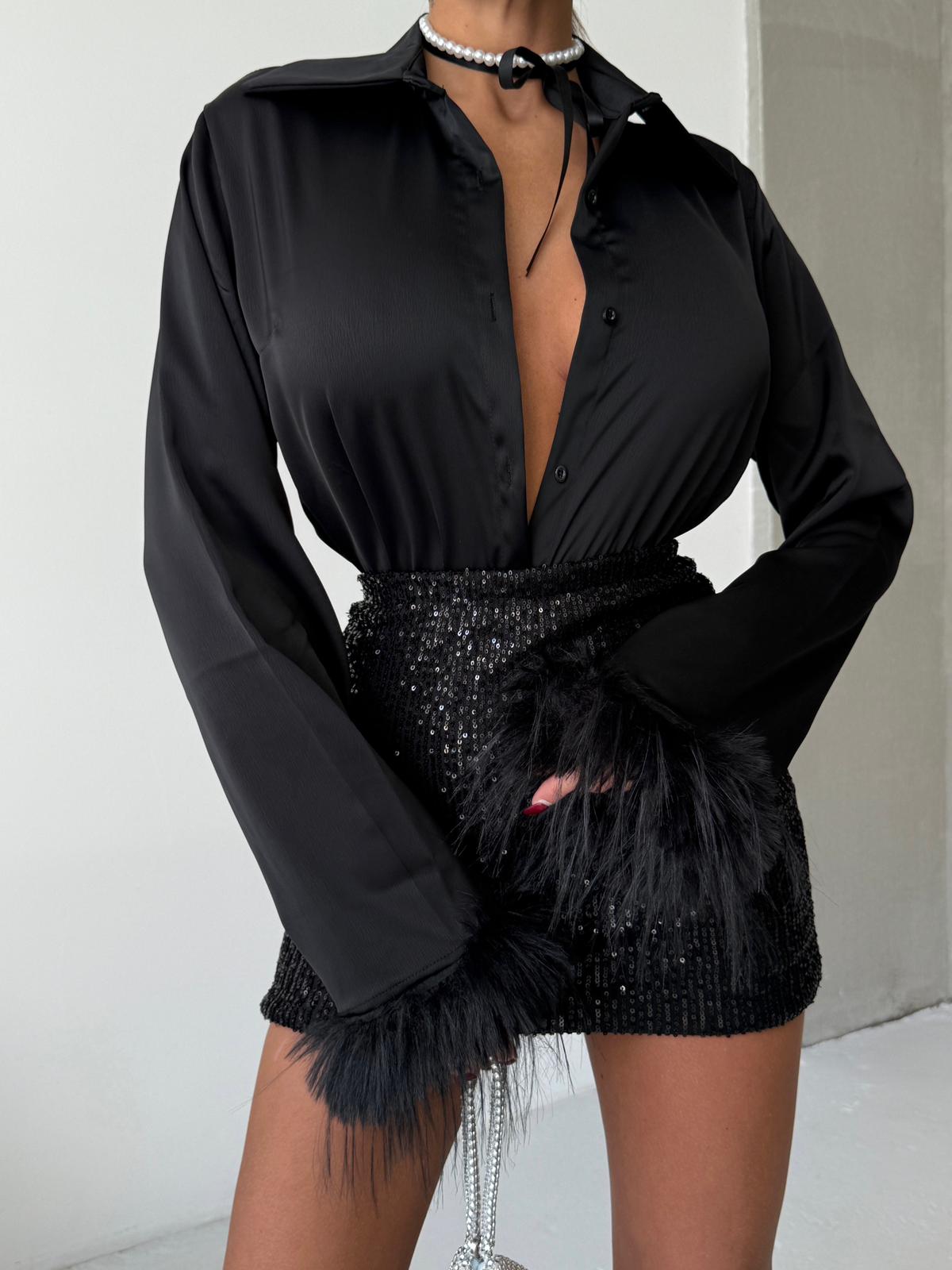 Zara payet astarlı etek+ zara saten gömlek kol tüy detaylı ikili set