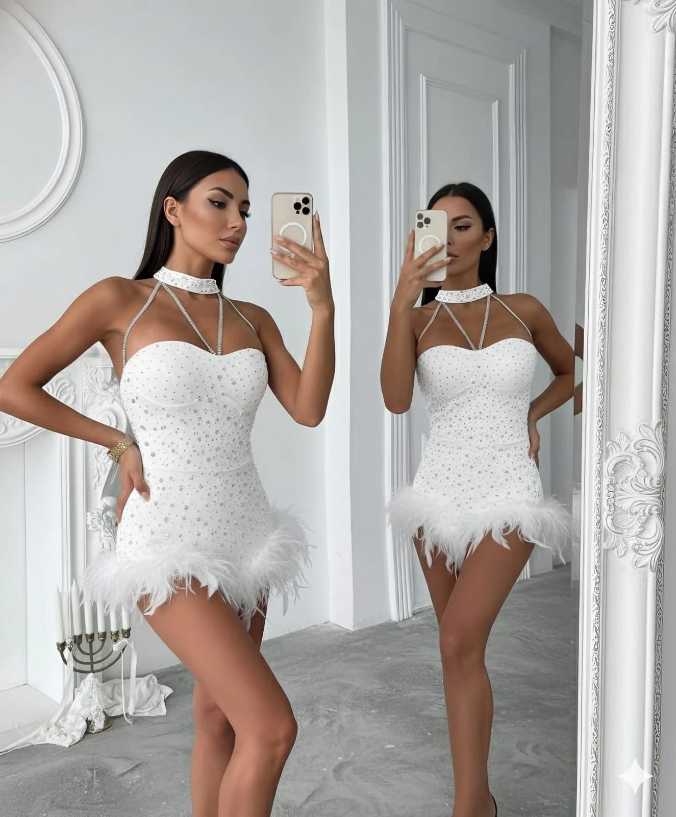 Sim taş detay kumaş inci çakımlı tütü detaylı astarlı mini tulum - Beyaz